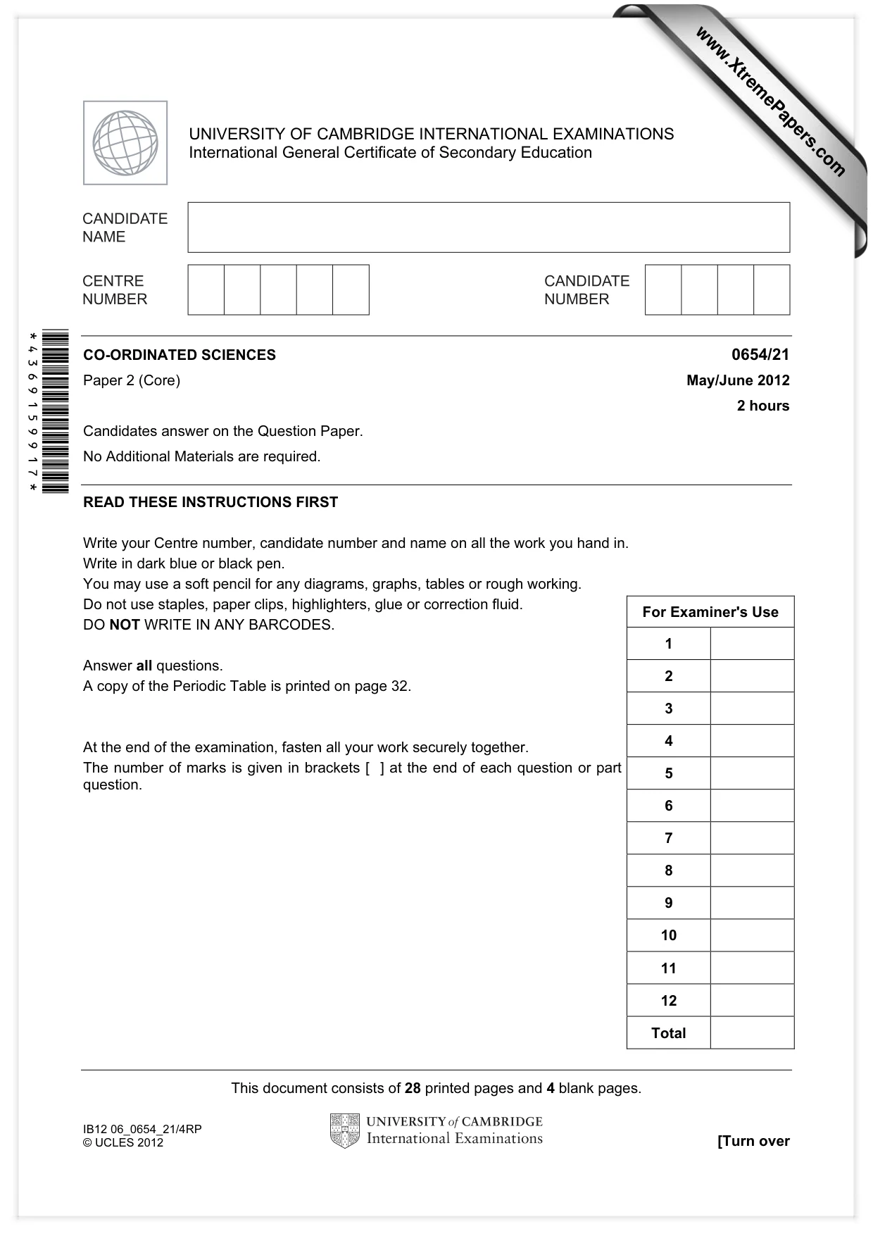 Cambridge IGCSE Sciences - Co-ordinated (Double) 0654 2012 May/June Paper 2 · Variant 1 question paper, page 1 of 32