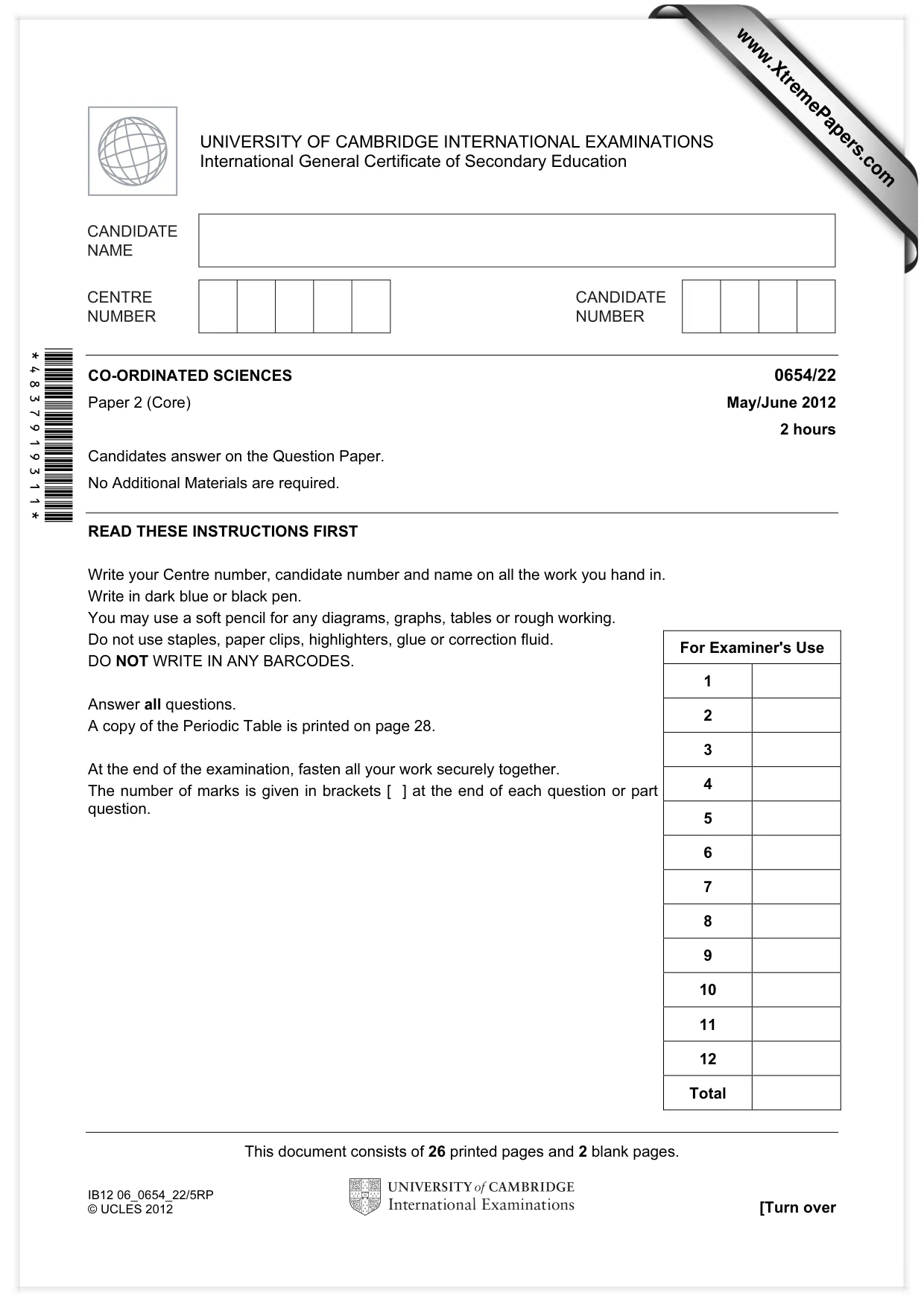 Cambridge IGCSE Sciences - Co-ordinated (Double) 0654 2012 May/June Paper 2 · Variant 2 question paper, page 1 of 28