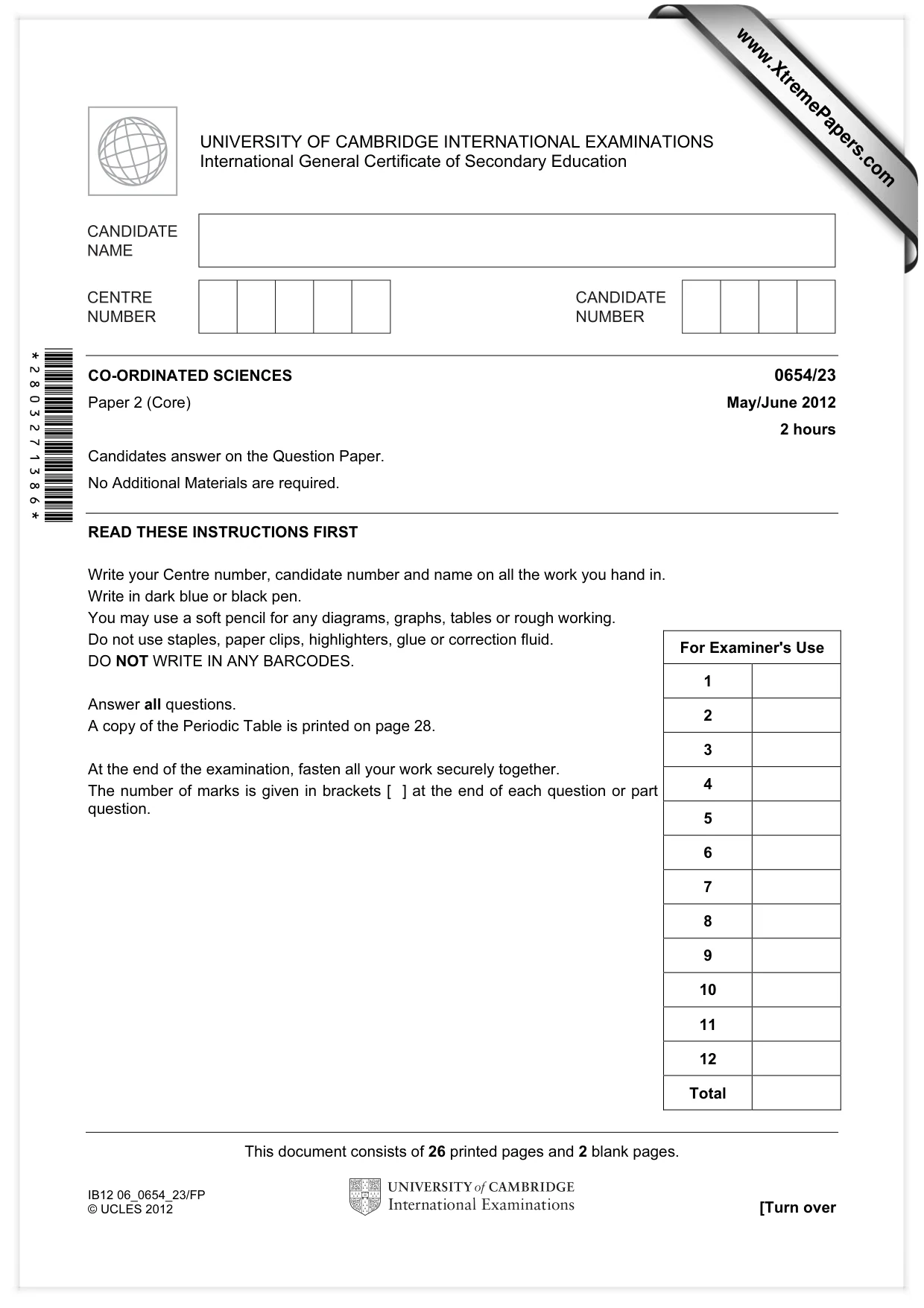 Cambridge IGCSE Sciences - Co-ordinated (Double) 0654 2012 May/June Paper 2 · Variant 3 question paper, page 1 of 28