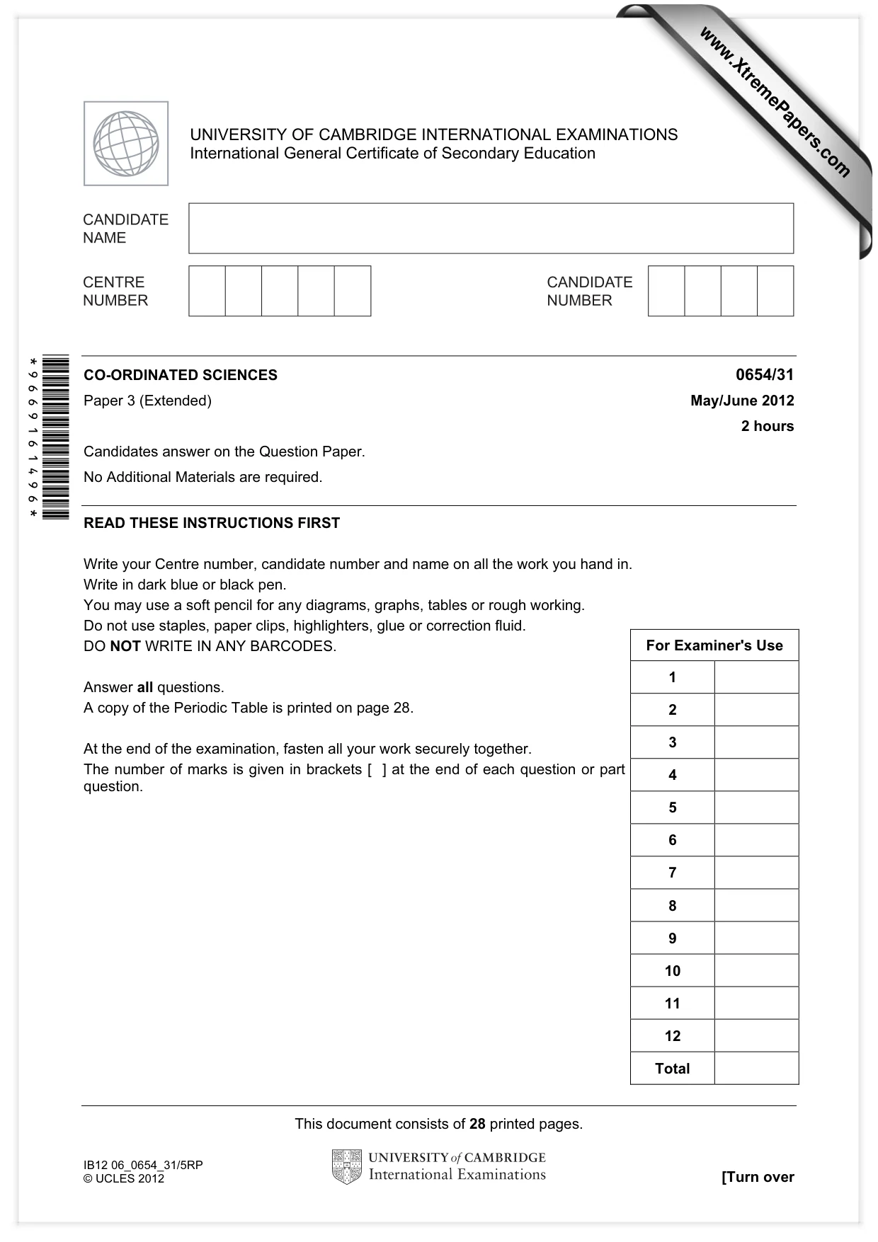 Cambridge IGCSE Sciences - Co-ordinated (Double) 0654 2012 May/June Paper 3 · Variant 1 question paper, page 1 of 28