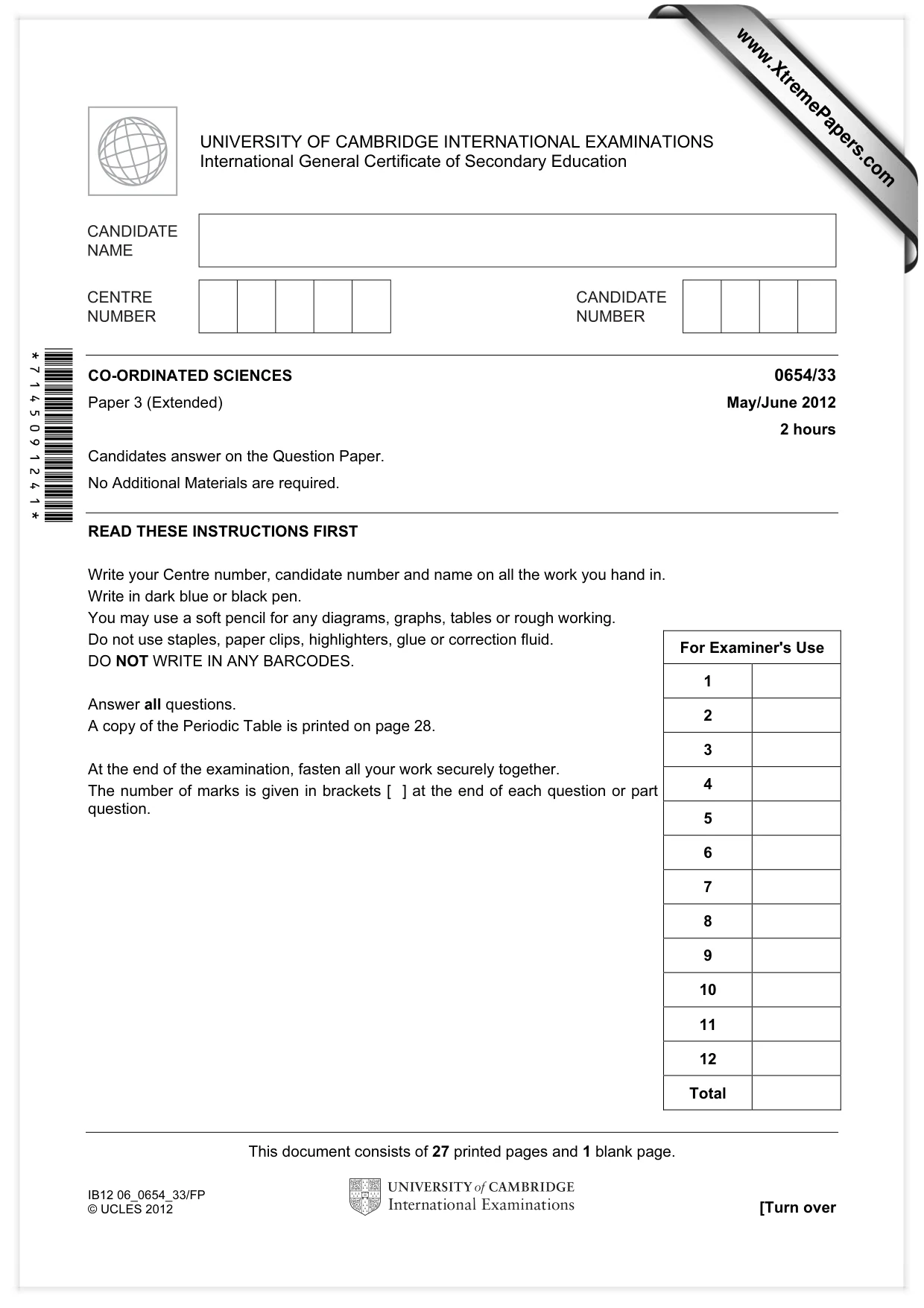 Cambridge IGCSE Sciences - Co-ordinated (Double) 0654 2012 May/June Paper 3 · Variant 3 question paper, page 1 of 28