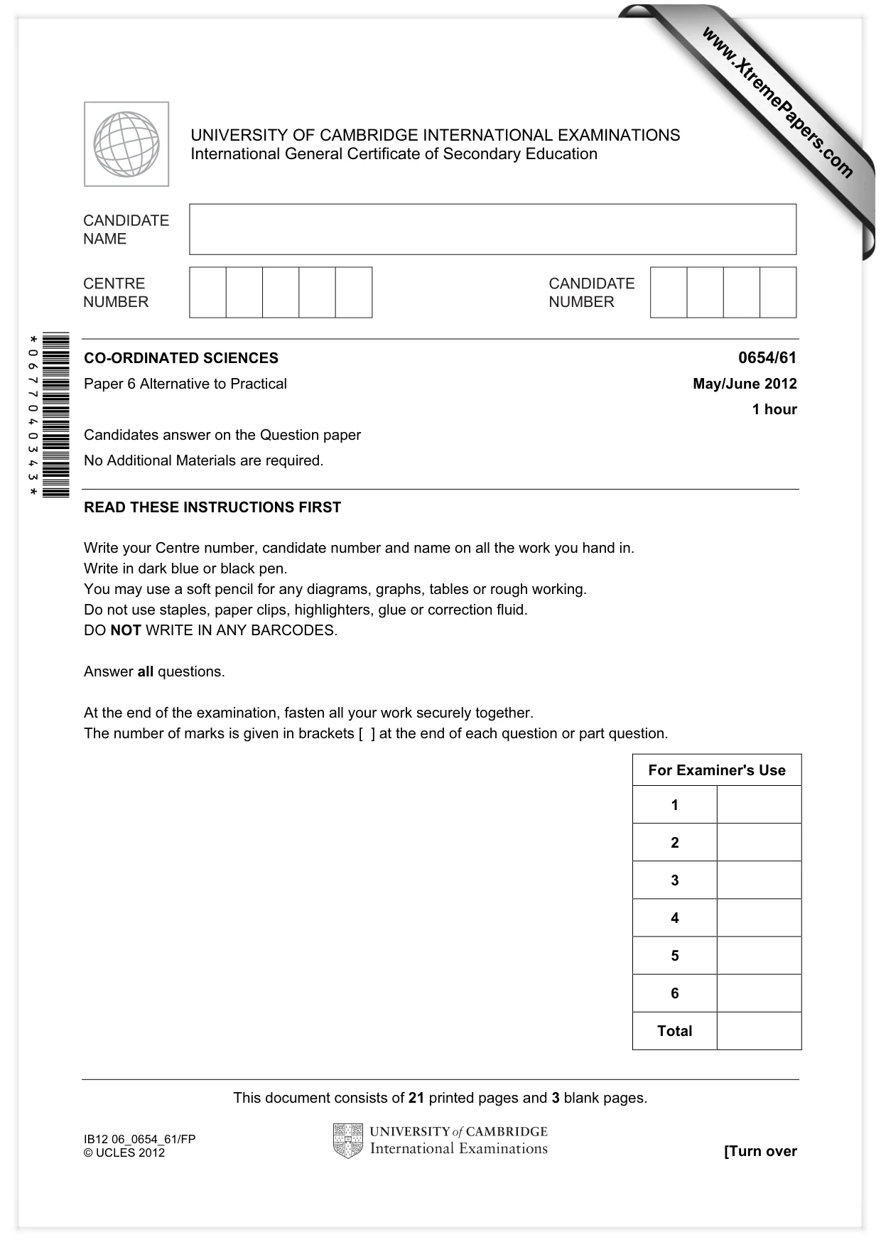Cambridge IGCSE Sciences - Co-ordinated (Double) 0654 2012 May/June Paper 6 · Variant 1 question paper, page 1 of 24