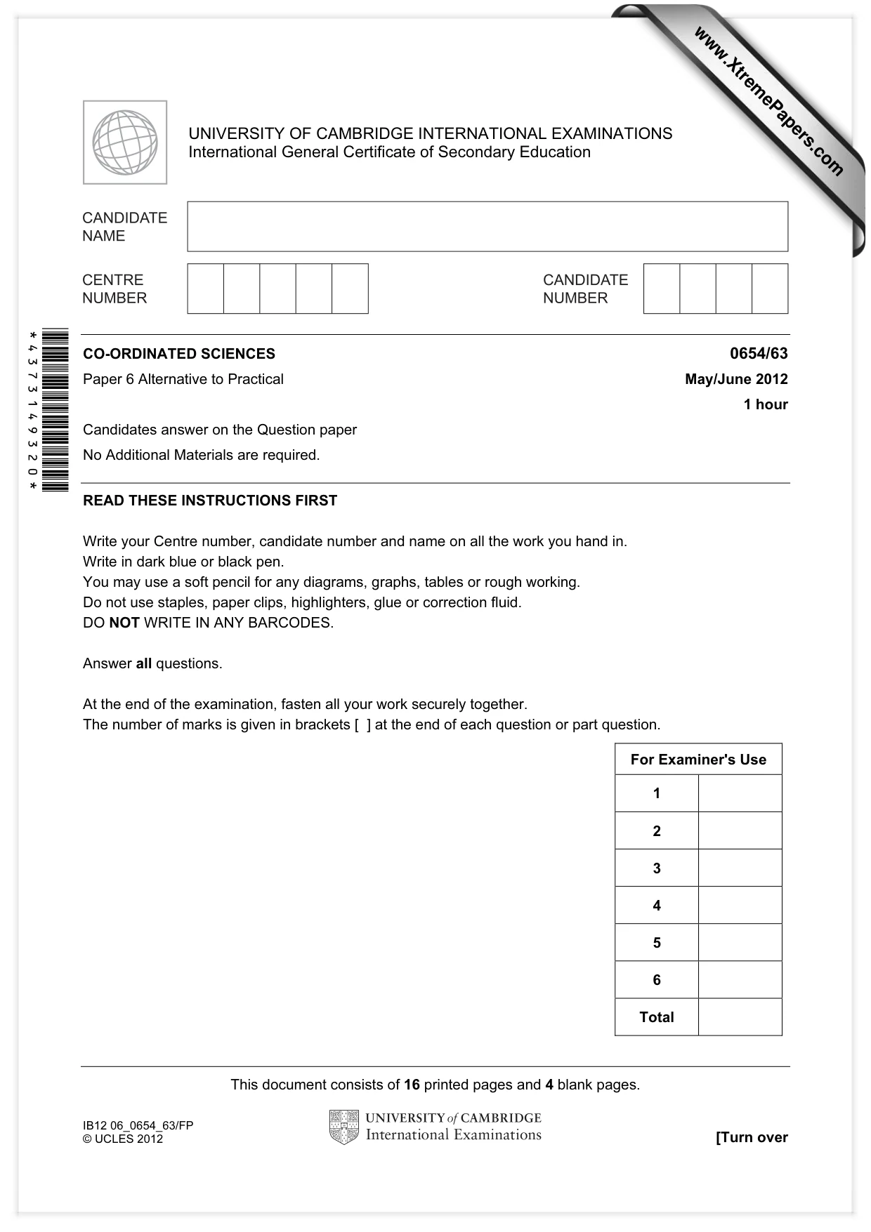 Cambridge IGCSE Sciences - Co-ordinated (Double) 0654 2012 May/June Paper 6 · Variant 3 question paper, page 1 of 20