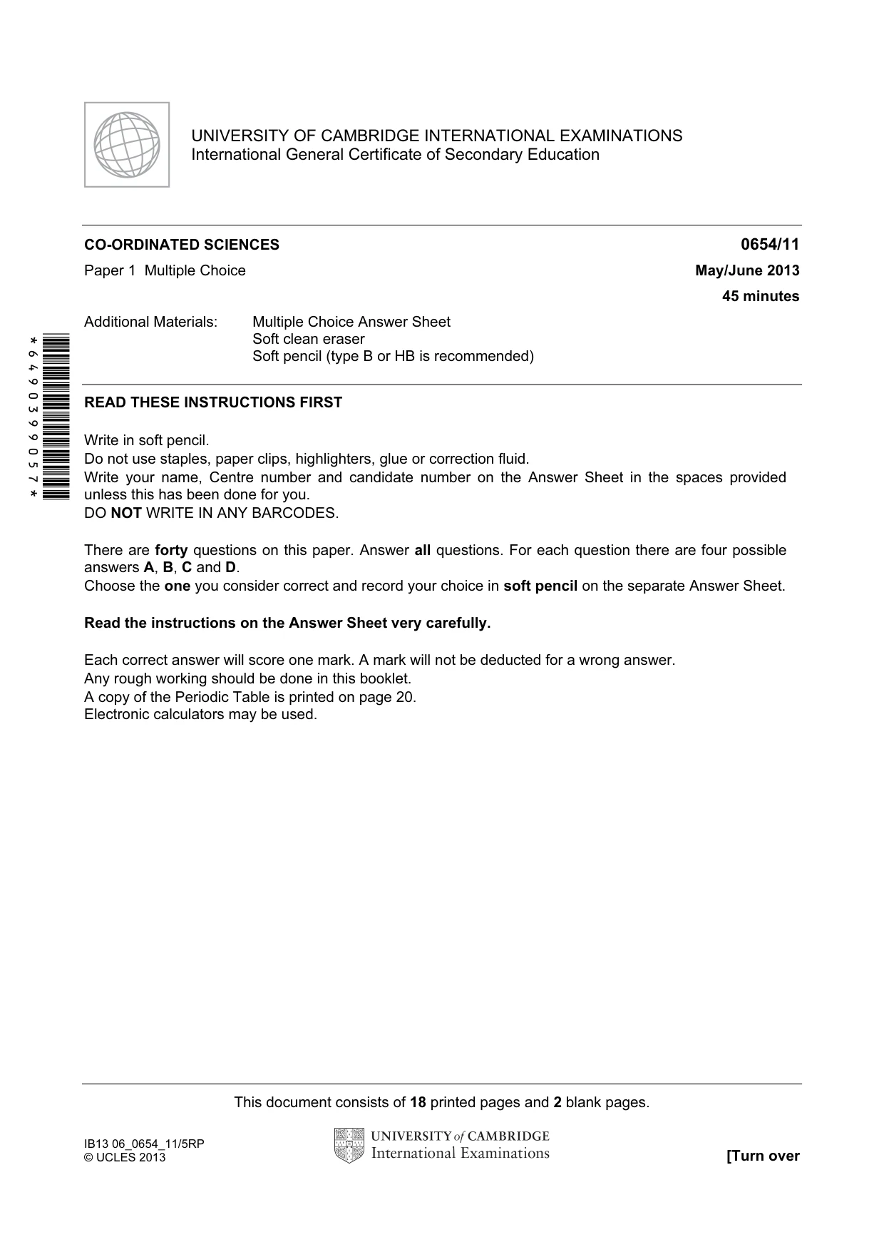 Cambridge IGCSE Sciences - Co-ordinated (Double) 0654 2013 May/June Paper 1 · Variant 1 question paper, page 1 of 20