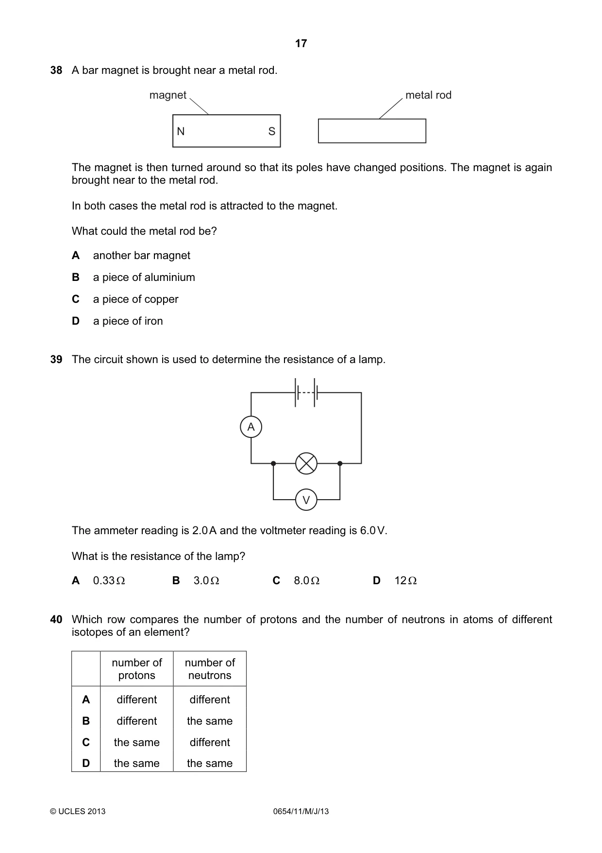 Cambridge IGCSE Sciences - Co-ordinated (Double) 0654 2013 May/June Paper 1 · Variant 1 question paper, page 17 of 20
