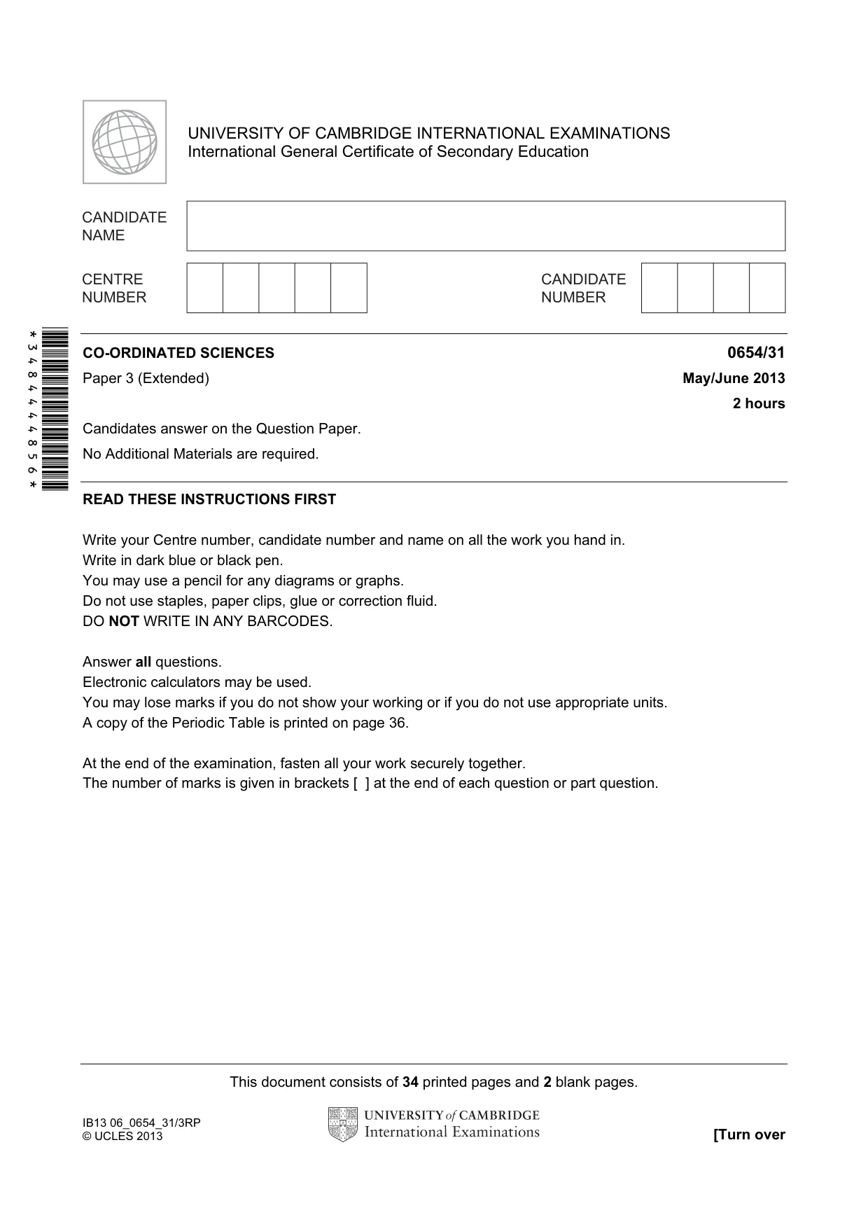 Cambridge IGCSE Sciences - Co-ordinated (Double) 0654 2013 May/June Paper 3 · Variant 1 question paper, page 1 of 36