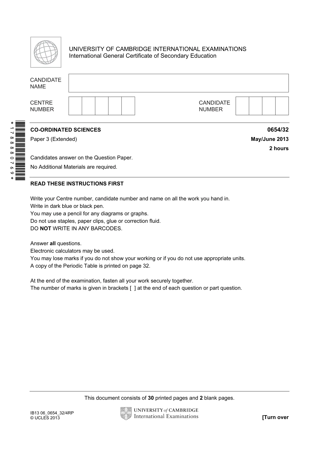 Cambridge IGCSE Sciences - Co-ordinated (Double) 0654 2013 May/June Paper 3 · Variant 2 question paper, page 1 of 32