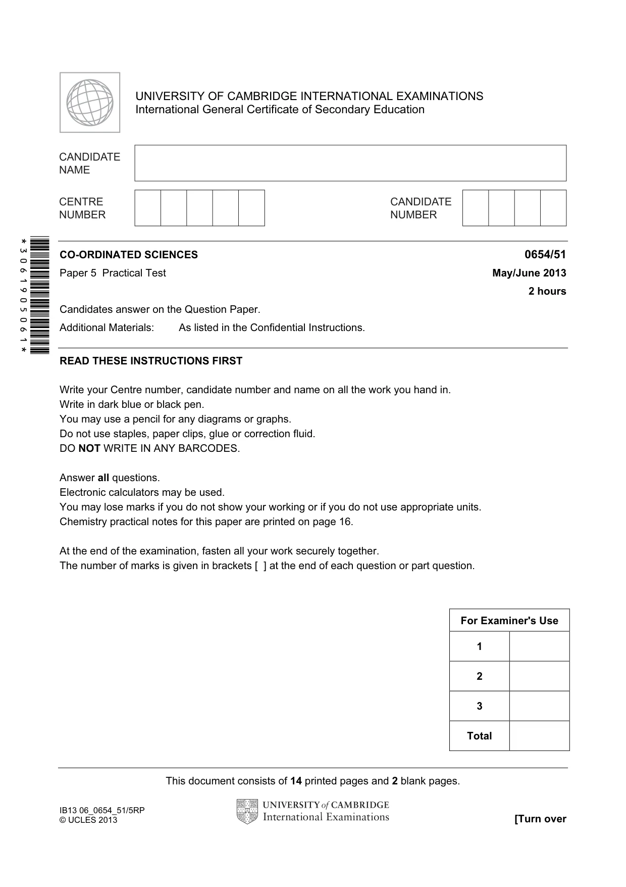 Cambridge IGCSE Sciences - Co-ordinated (Double) 0654 2013 May/June Paper 5 · Variant 1 question paper, page 1 of 16