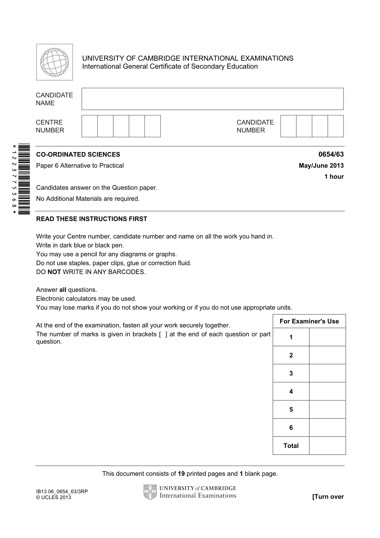 Cambridge IGCSE Sciences - Co-ordinated (Double) 0654 2013 May/June Paper 6 · Variant 3 question paper, page 1 of 20