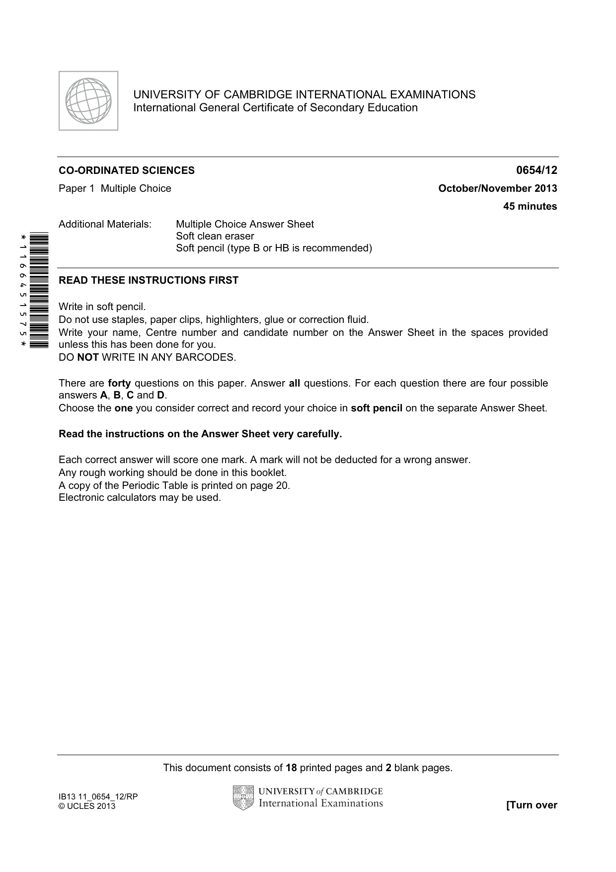 Cambridge IGCSE Sciences - Co-ordinated (Double) 0654 2013 Oct/Nov Paper 1 · Variant 2 question paper, page 1 of 20