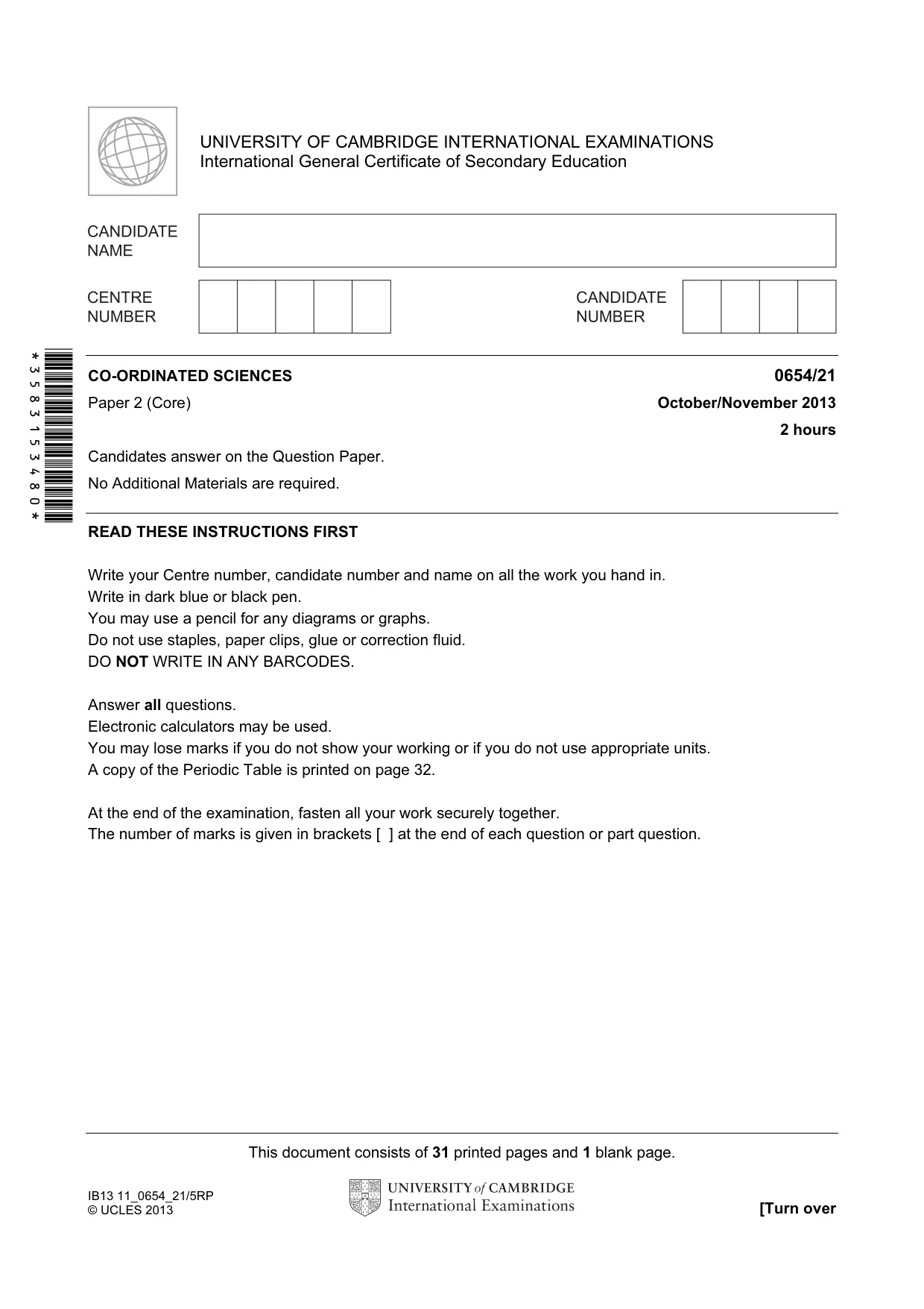 Cambridge IGCSE Sciences - Co-ordinated (Double) 0654 2013 Oct/Nov Paper 2 · Variant 1 question paper, page 1 of 32