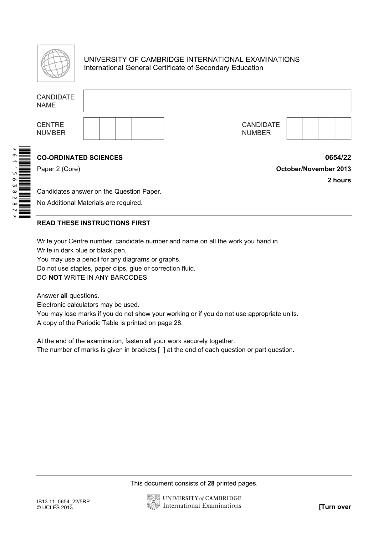 Cambridge IGCSE Sciences - Co-ordinated (Double) 0654 2013 Oct/Nov Paper 2 · Variant 2 question paper, page 1 of 28
