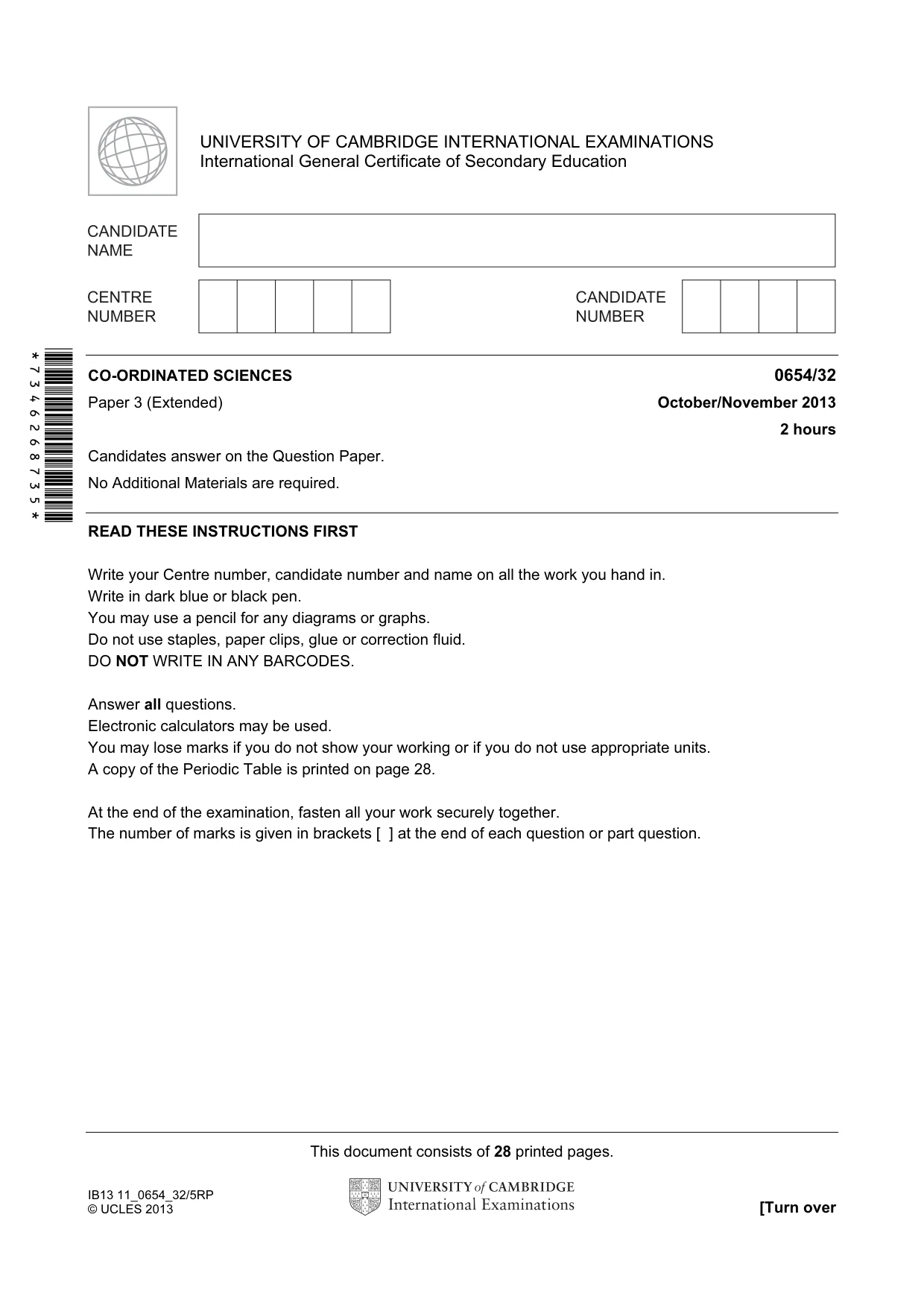 Cambridge IGCSE Sciences - Co-ordinated (Double) 0654 2013 Oct/Nov Paper 3 · Variant 2 question paper, page 1 of 28