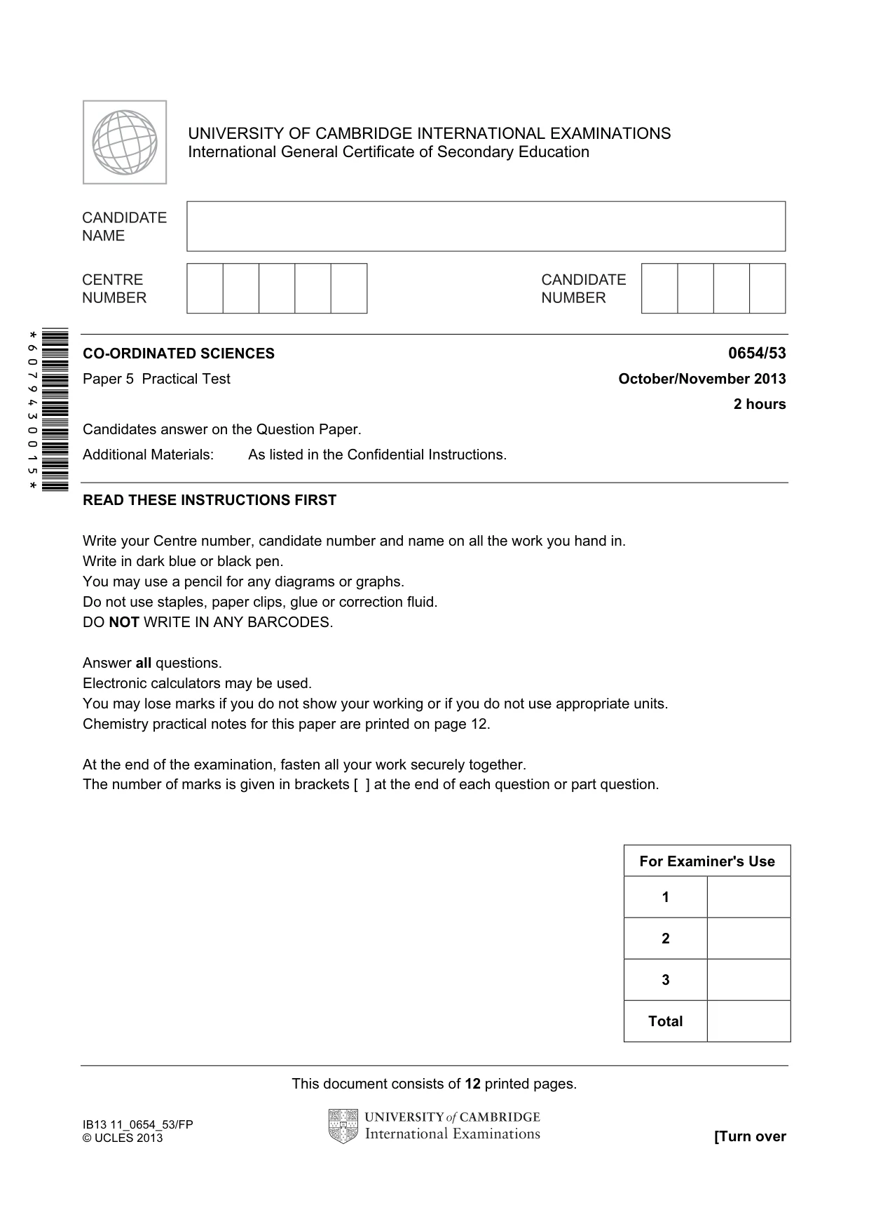 Cambridge IGCSE Sciences - Co-ordinated (Double) 0654 2013 Oct/Nov Paper 5 · Variant 3 question paper, page 1 of 12