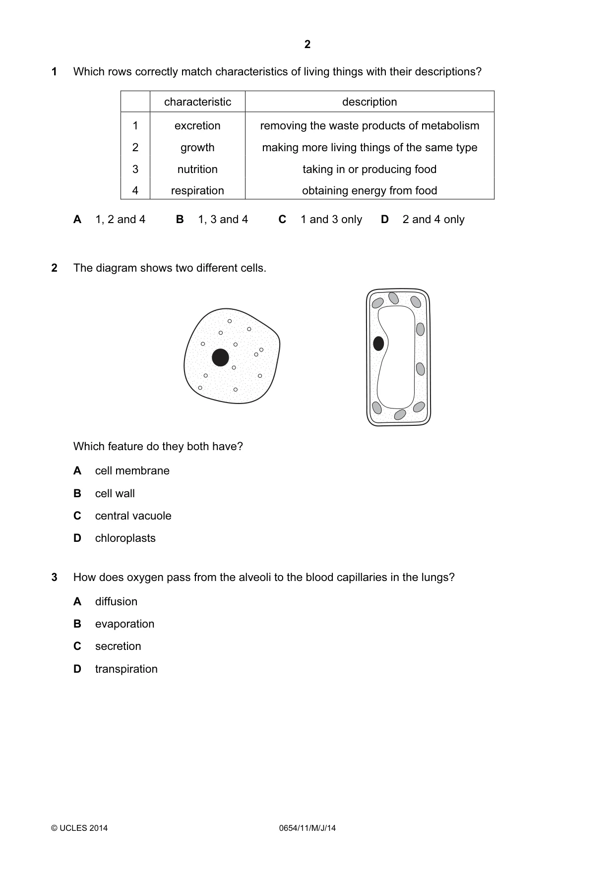 Cambridge IGCSE Sciences - Co-ordinated (Double) 0654 2014 May/June Paper 1 · Variant 1 question paper, page 2 of 16