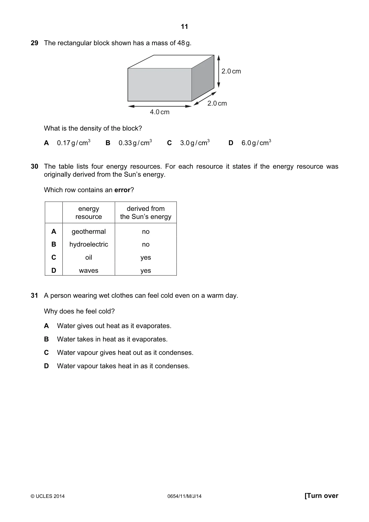 Cambridge IGCSE Sciences - Co-ordinated (Double) 0654 2014 May/June Paper 1 · Variant 1 question paper, page 11 of 16