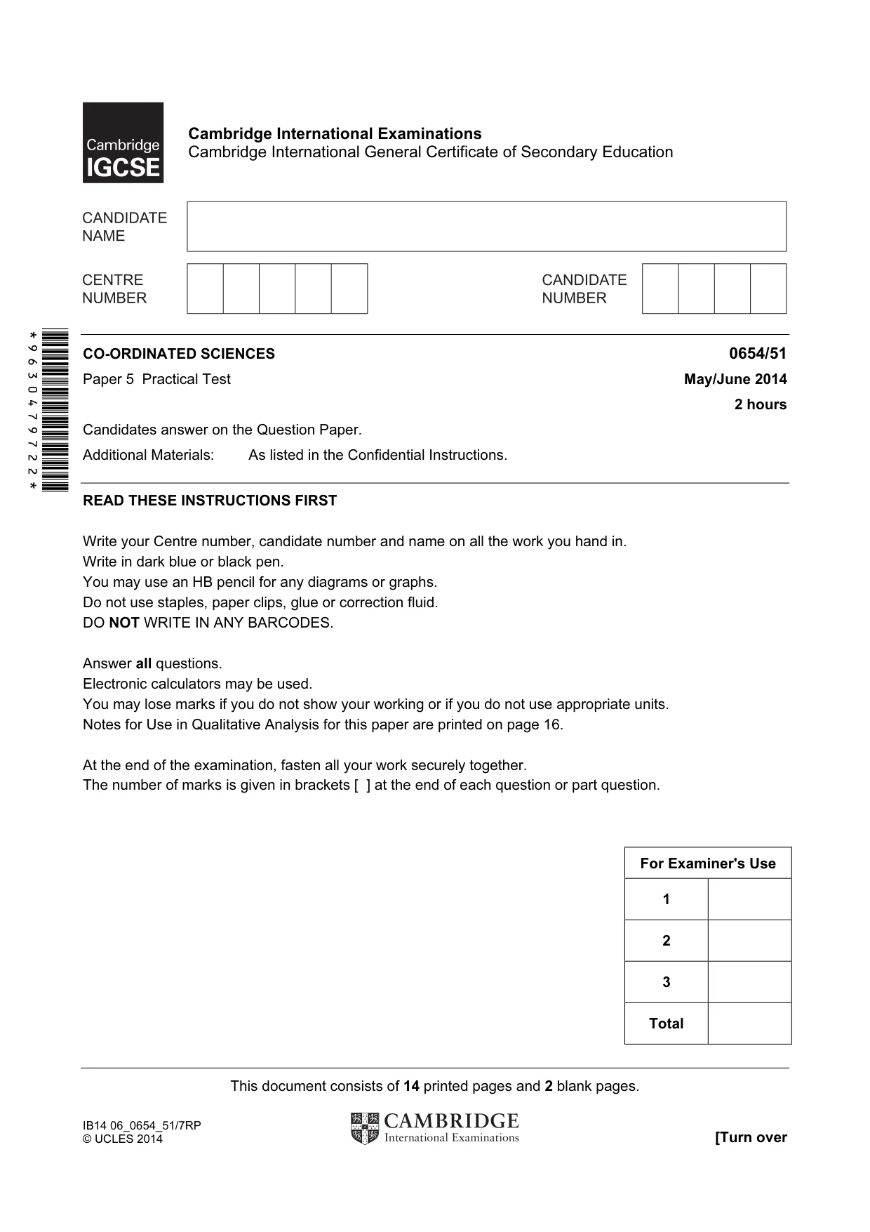 Cambridge IGCSE Sciences - Co-ordinated (Double) 0654 2014 May/June Paper 5 · Variant 1 question paper, page 1 of 16