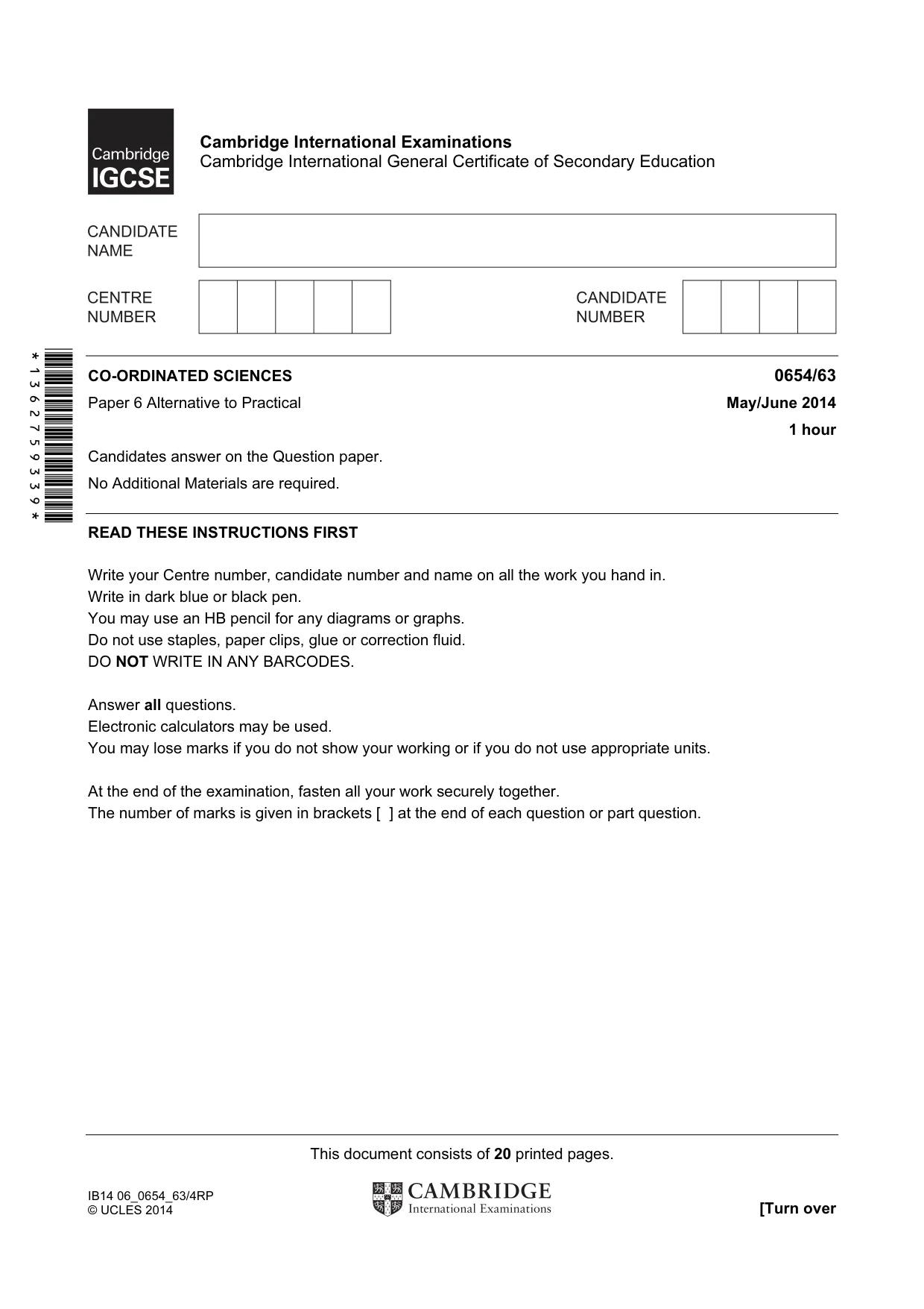 Cambridge IGCSE Sciences - Co-ordinated (Double) 0654 2014 May/June Paper 6 · Variant 3 question paper, page 1 of 20