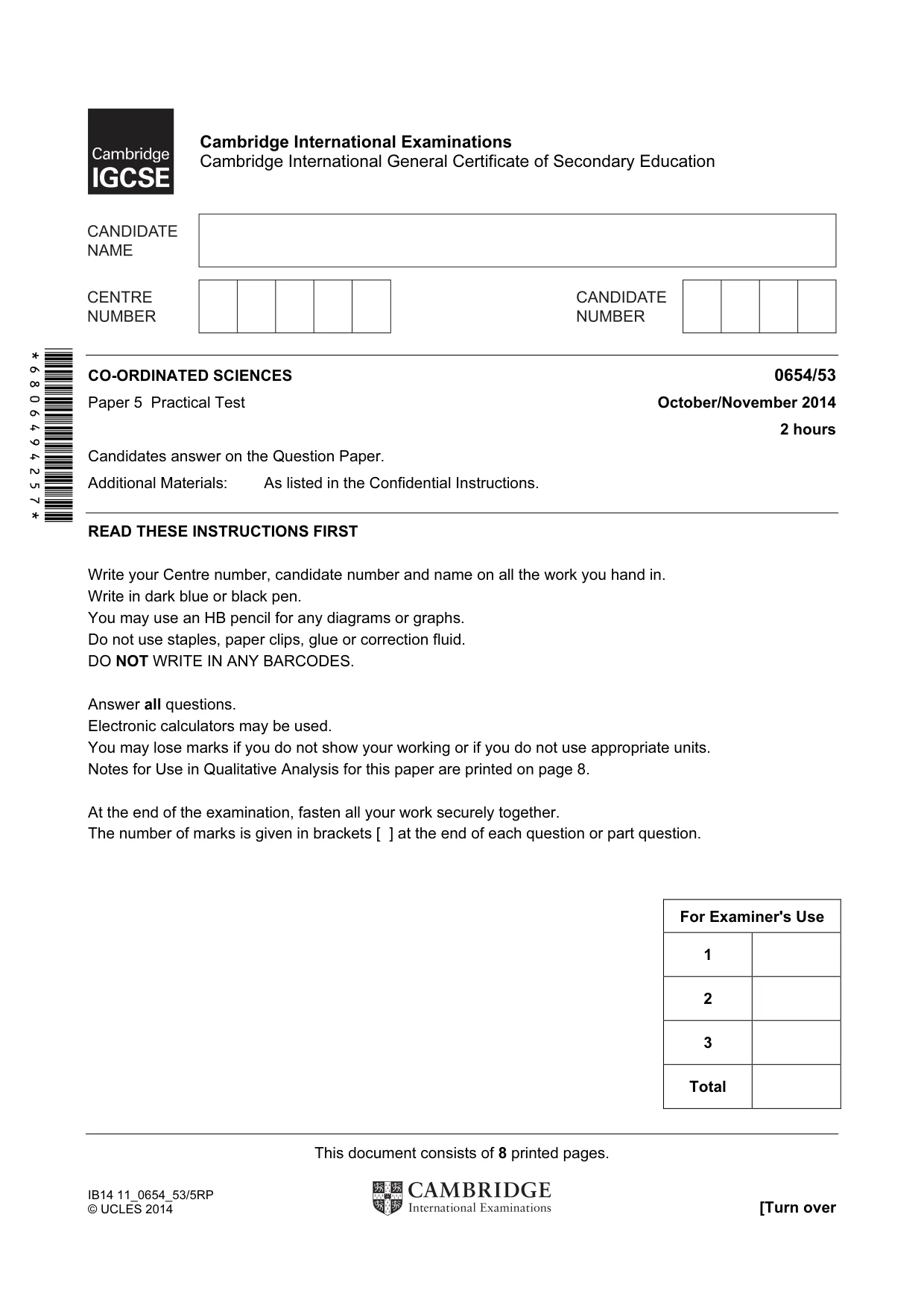 Cambridge IGCSE Sciences - Co-ordinated (Double) 0654 2014 Oct/Nov Paper 5 · Variant 3 question paper, page 1 of 8