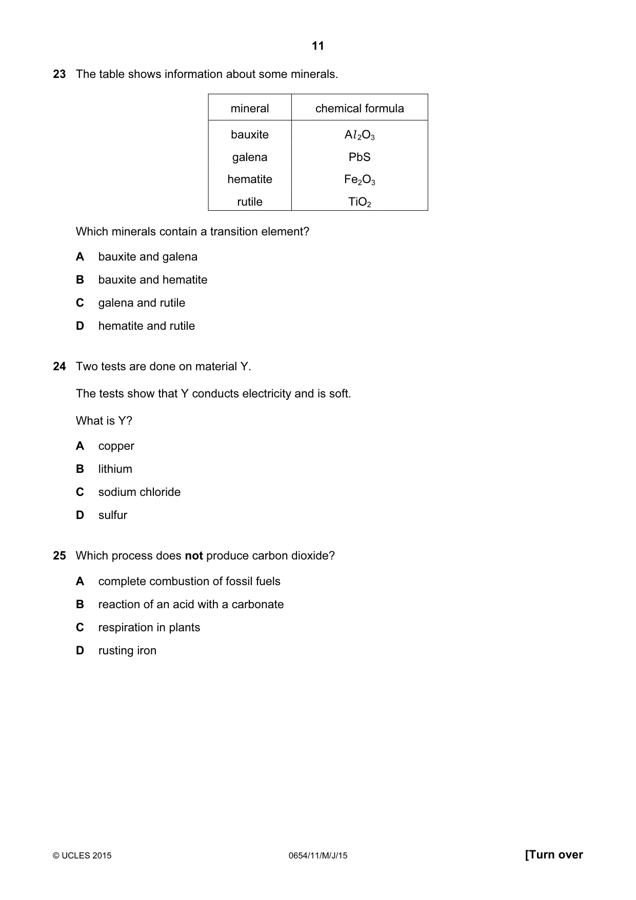 Cambridge IGCSE Sciences - Co-ordinated (Double) 0654 2015 May/June Paper 1 · Variant 1 question paper, page 11 of 20