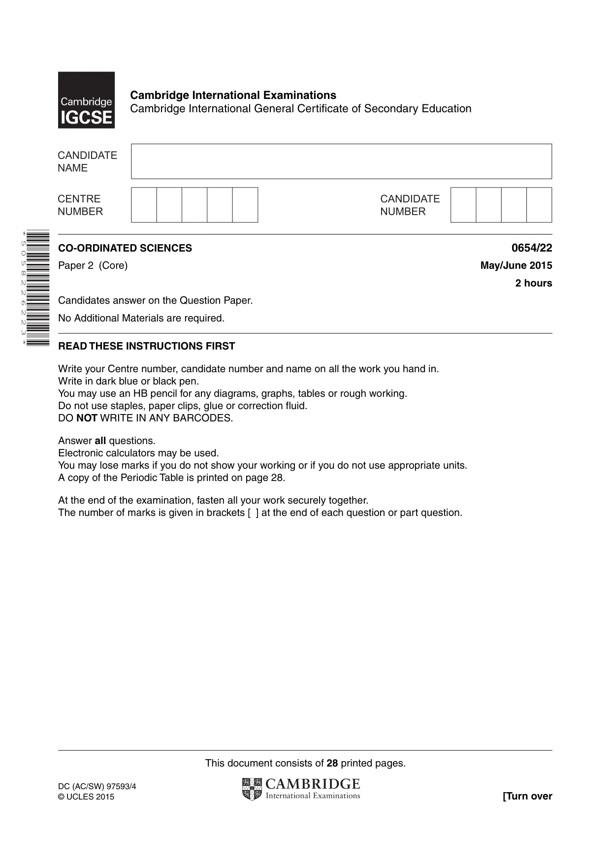 Cambridge IGCSE Sciences - Co-ordinated (Double) 0654 2015 May/June Paper 2 · Variant 2 question paper, page 1 of 28