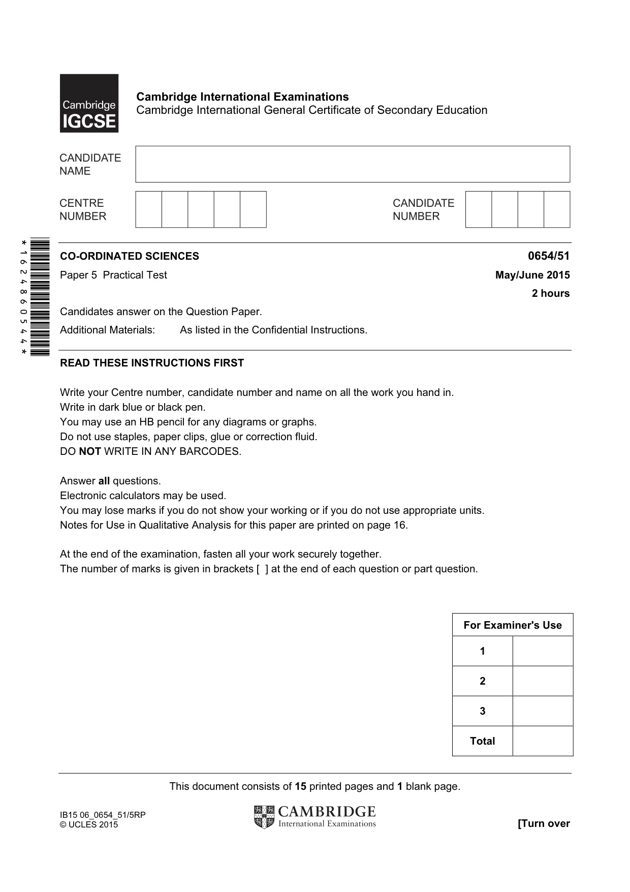 Cambridge IGCSE Sciences - Co-ordinated (Double) 0654 2015 May/June Paper 5 · Variant 1 question paper, page 1 of 16