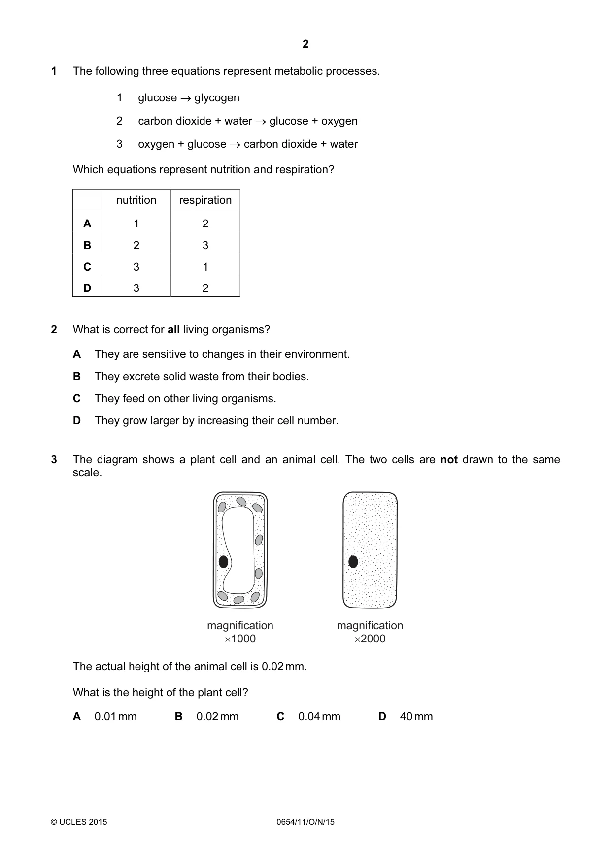 Cambridge IGCSE Sciences - Co-ordinated (Double) 0654 2015 Oct/Nov Paper 1 · Variant 1 question paper, page 2 of 20