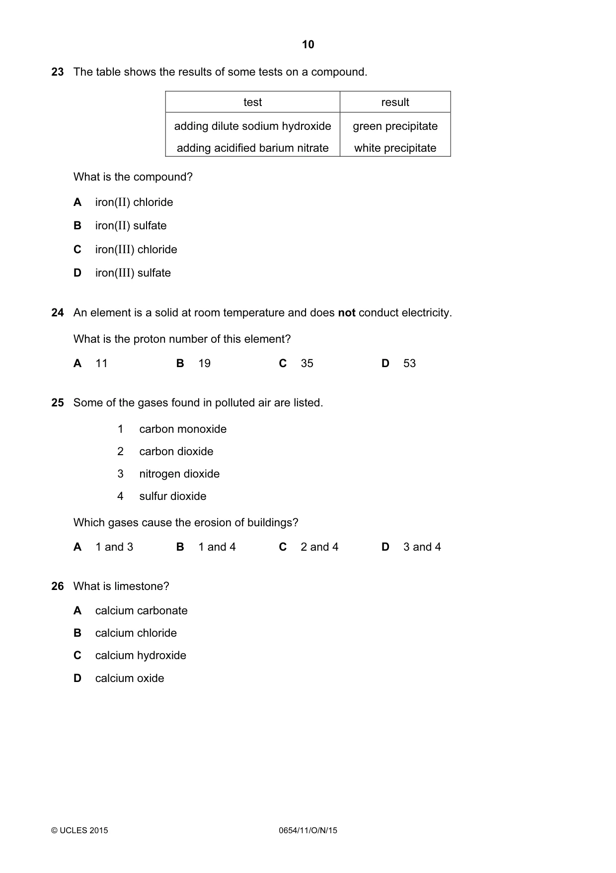 Cambridge IGCSE Sciences - Co-ordinated (Double) 0654 2015 Oct/Nov Paper 1 · Variant 1 question paper, page 10 of 20