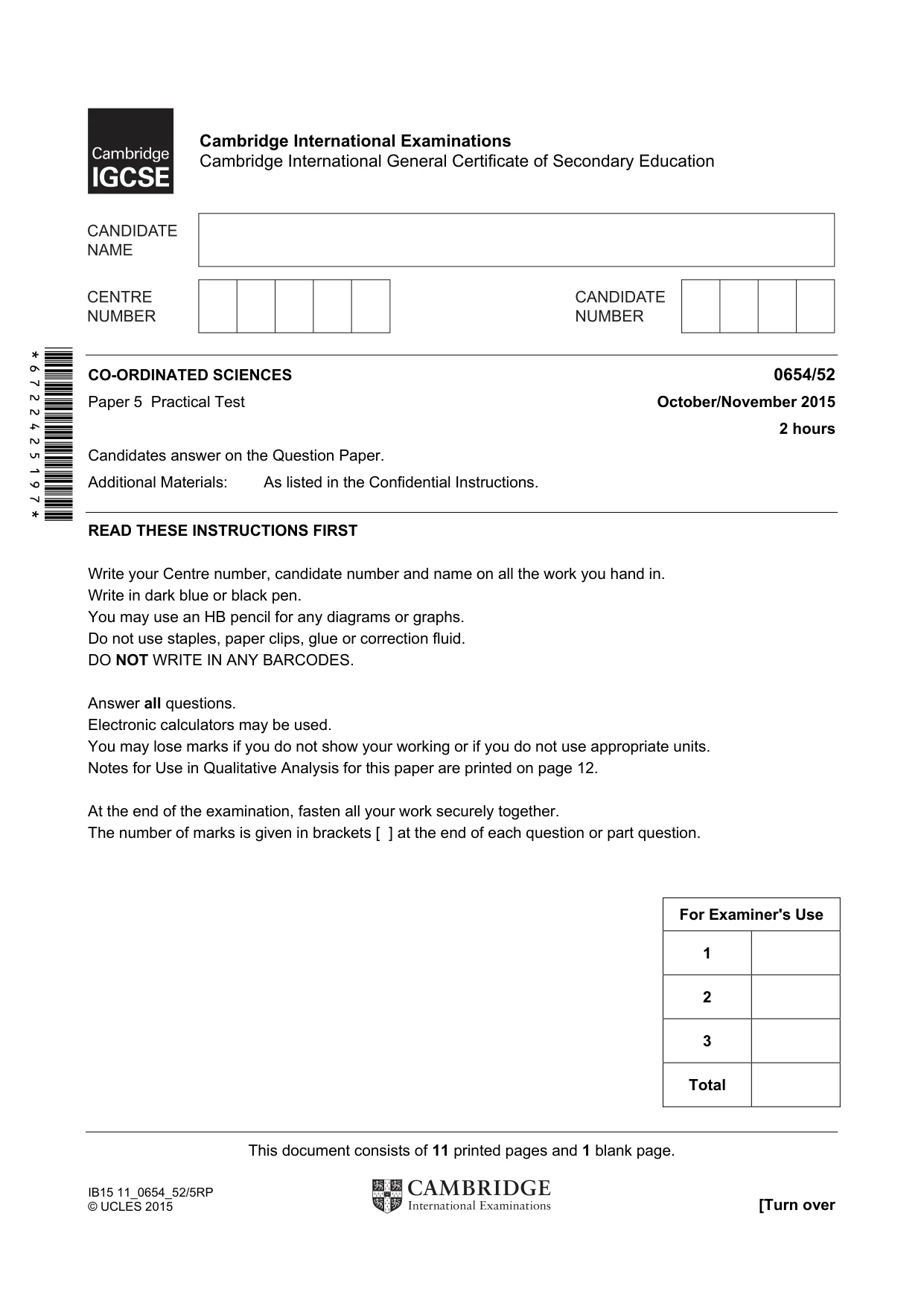 Cambridge IGCSE Sciences - Co-ordinated (Double) 0654 2015 Oct/Nov Paper 5 · Variant 2 question paper, page 1 of 12