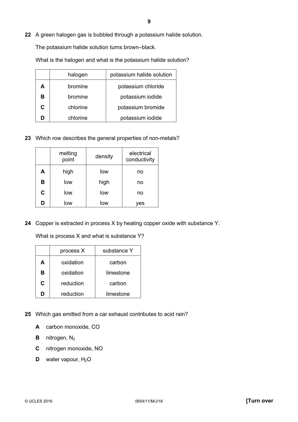Cambridge IGCSE Sciences - Co-ordinated (Double) 0654 2016 May/June Paper 1 · Variant 1 question paper, page 9 of 20
