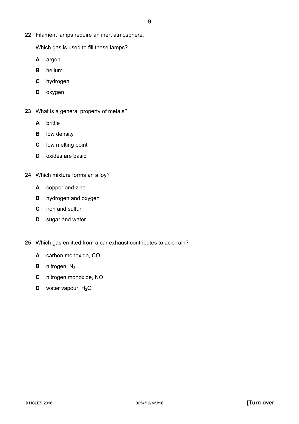 Cambridge IGCSE Sciences - Co-ordinated (Double) 0654 2016 May/June Paper 1 · Variant 2 question paper, page 9 of 20