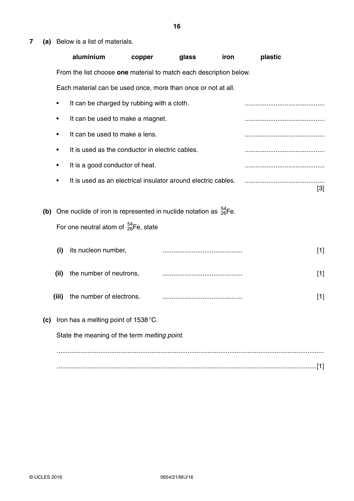 Cambridge IGCSE Sciences - Co-ordinated (Double) 0654 2016 May/June Paper 2 · Variant 1 question paper, page 16 of 28