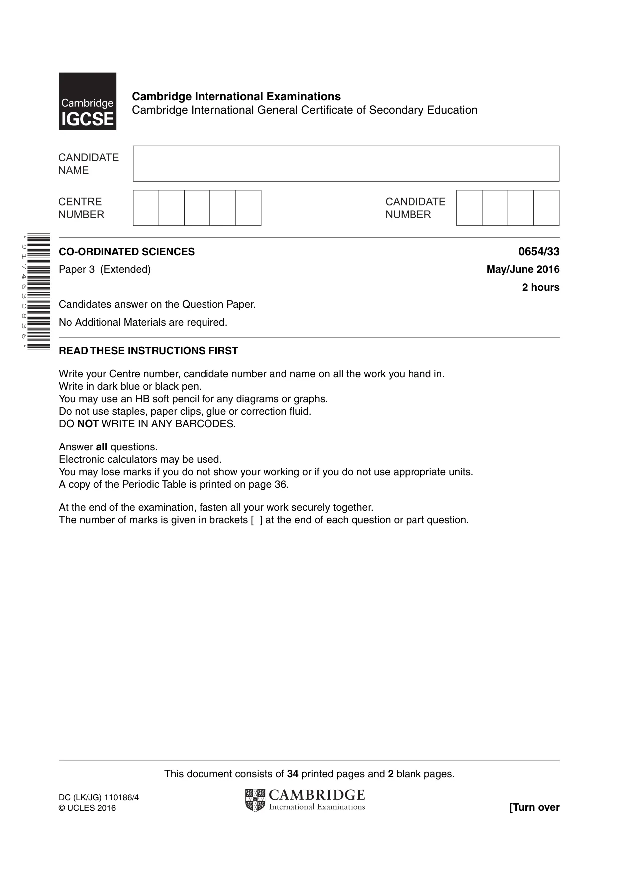 Cambridge IGCSE Sciences - Co-ordinated (Double) 0654 2016 May/June Paper 3 · Variant 3 question paper, page 1 of 36