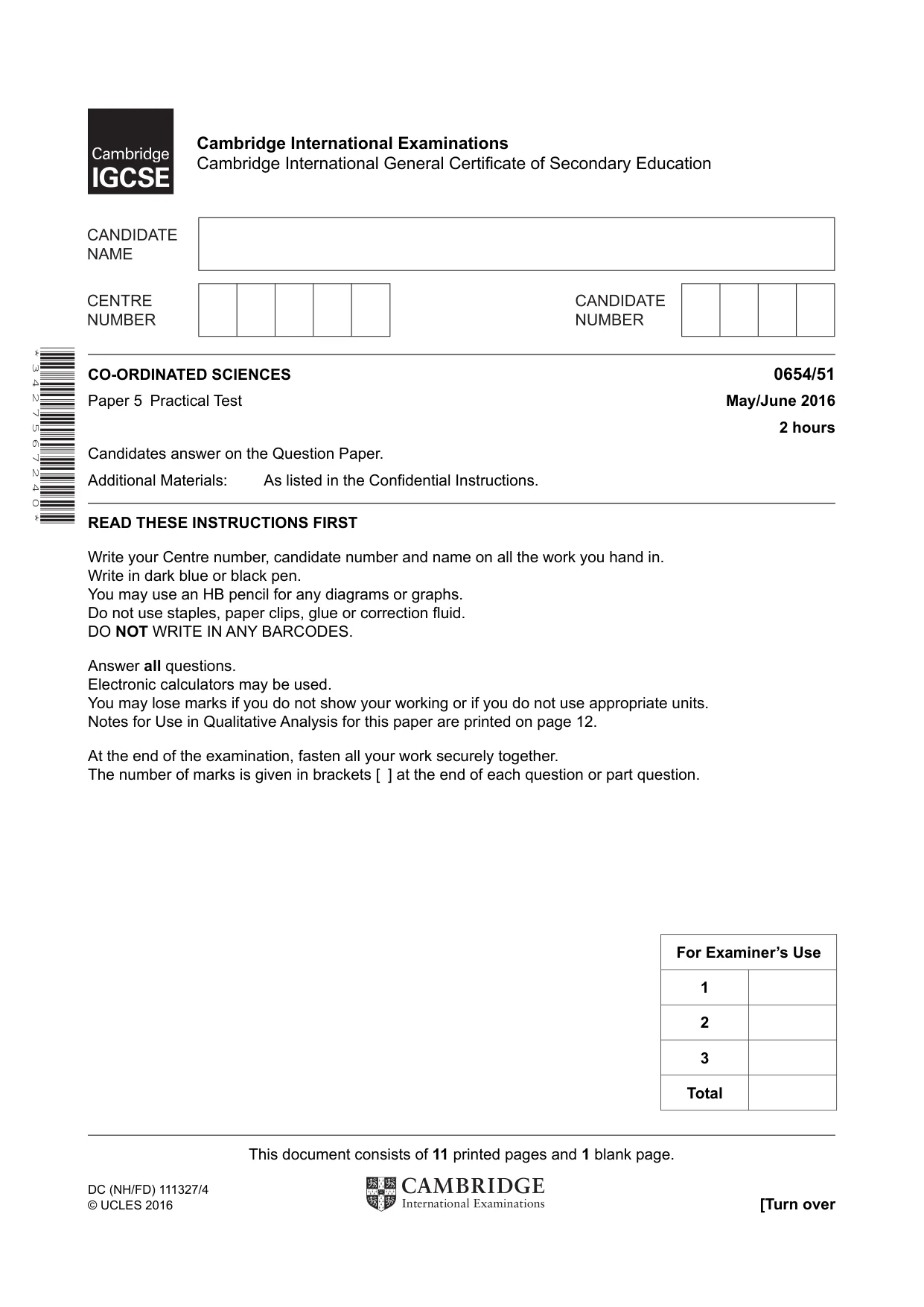 Cambridge IGCSE Sciences - Co-ordinated (Double) 0654 2016 May/June Paper 5 · Variant 1 question paper, page 1 of 12