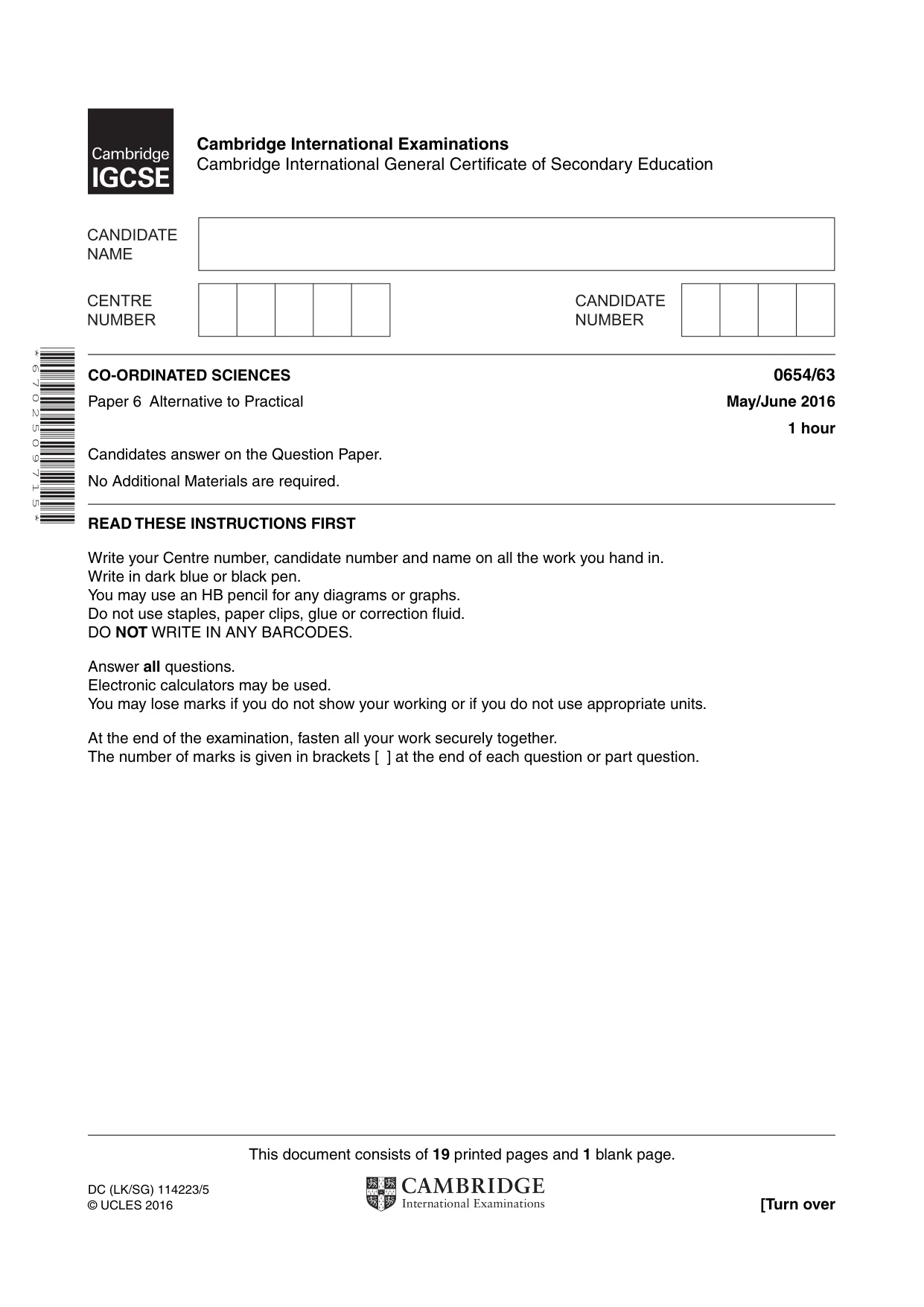 Cambridge IGCSE Sciences - Co-ordinated (Double) 0654 2016 May/June Paper 6 · Variant 3 question paper, page 1 of 20