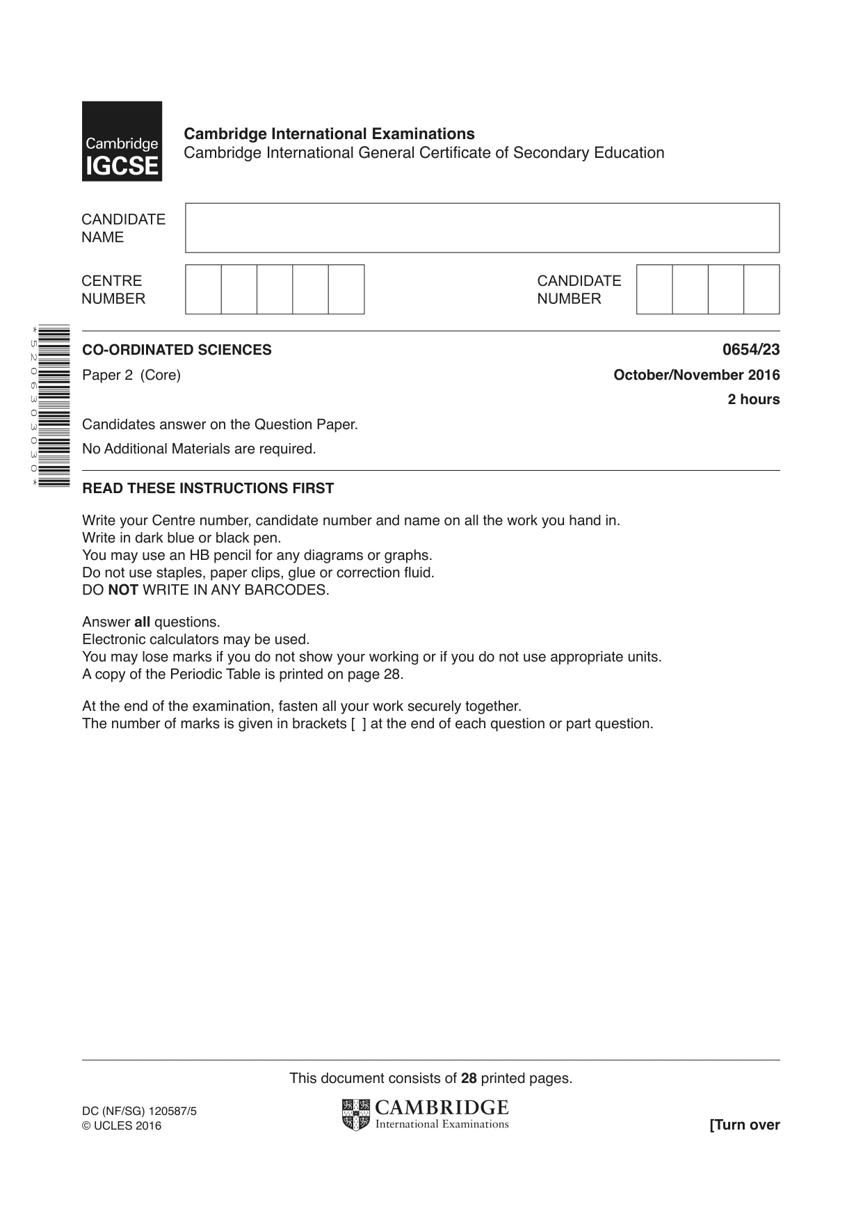 Cambridge IGCSE Sciences - Co-ordinated (Double) 0654 2016 Oct/Nov Paper 2 · Variant 3 question paper, page 1 of 28