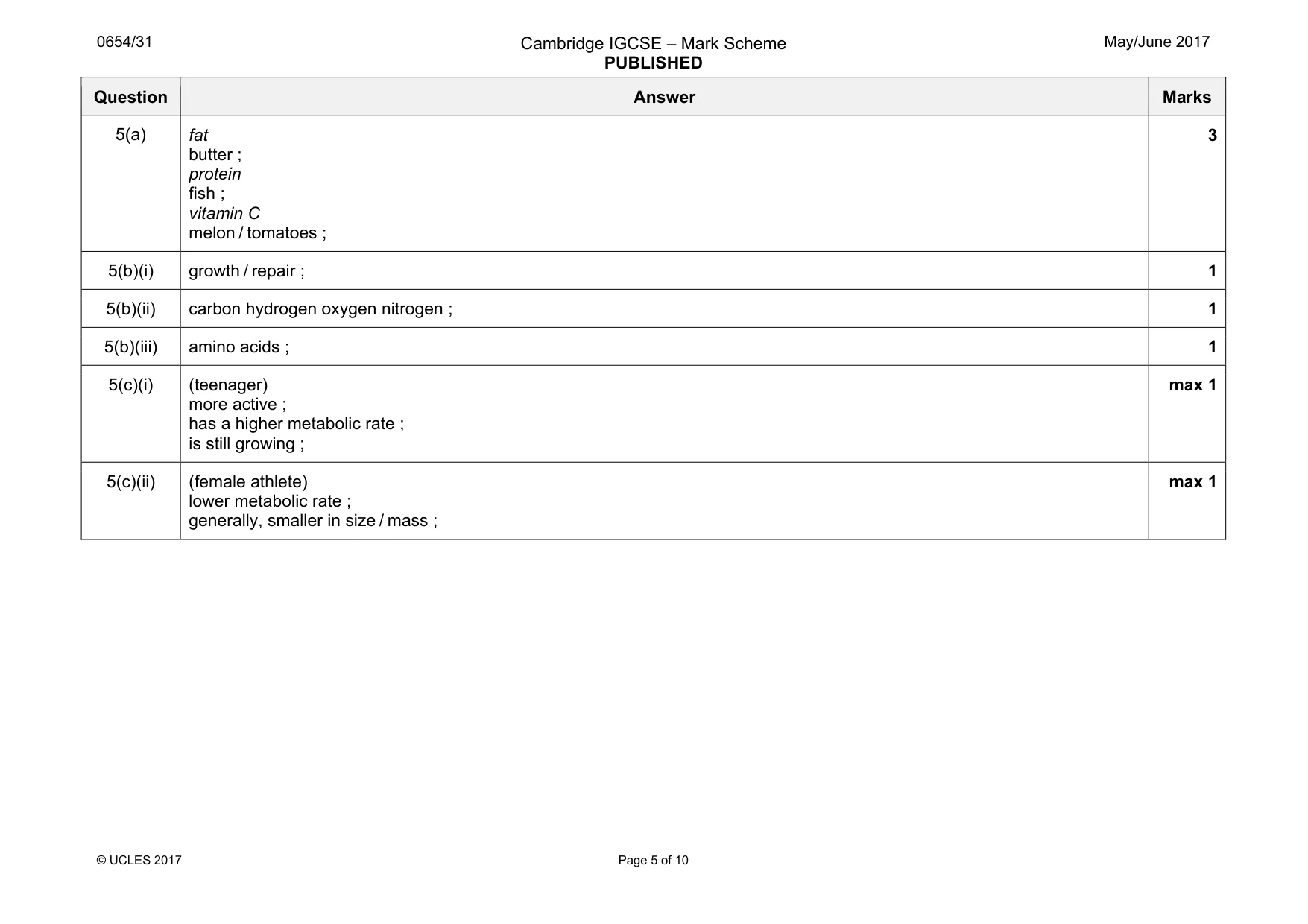 Mark scheme, page 5 of 10