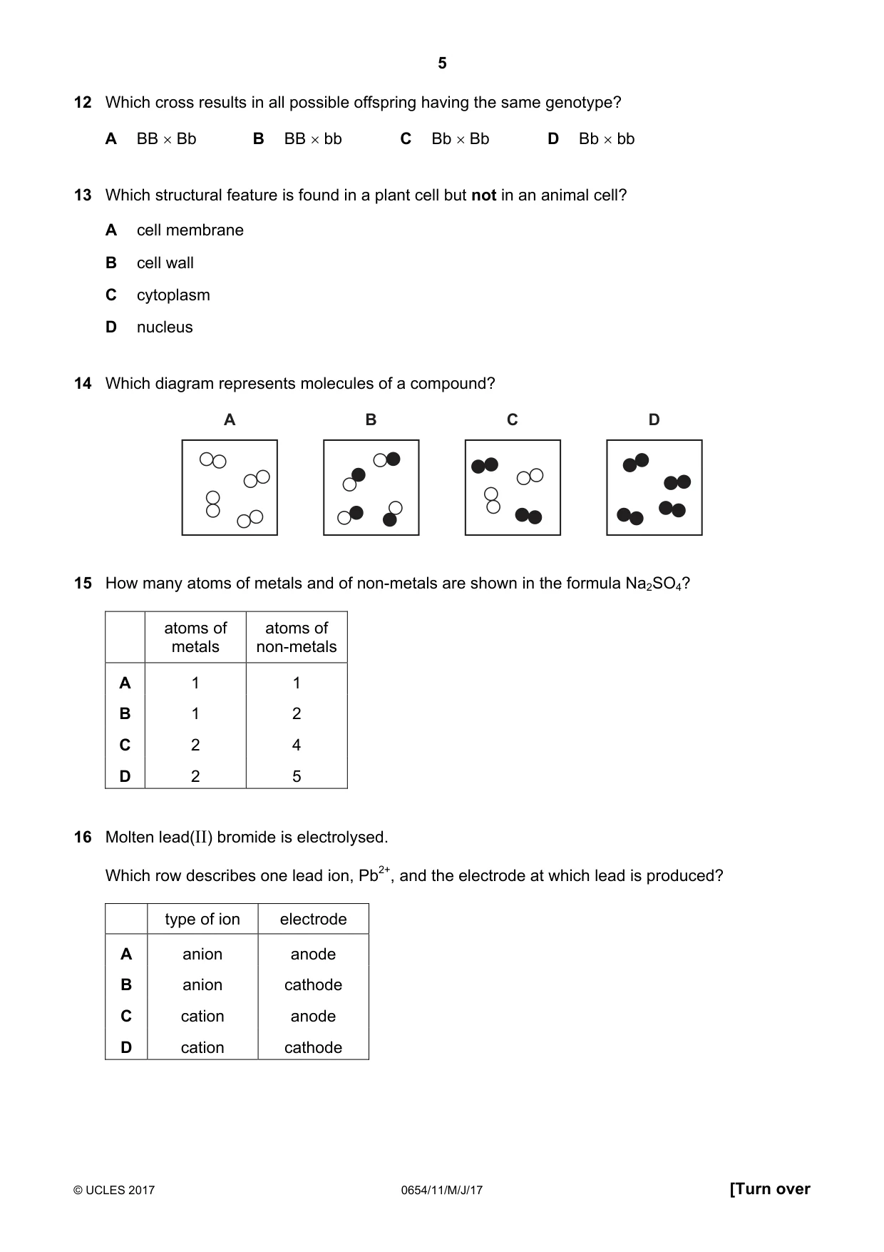 Cambridge IGCSE Sciences - Co-ordinated (Double) 0654 2017 May/June Paper 1 · Variant 1 question paper, page 5 of 16