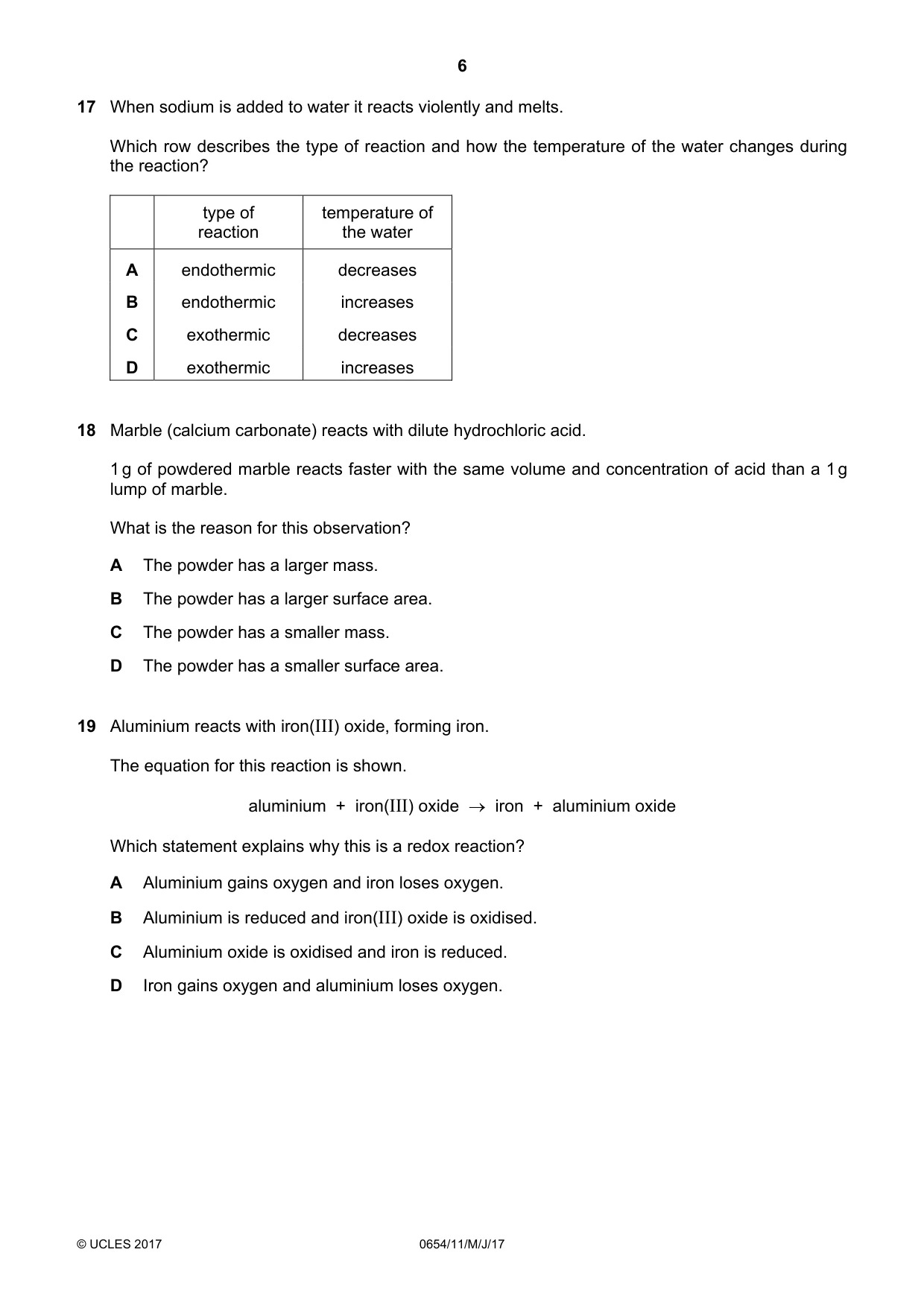 Cambridge IGCSE Sciences - Co-ordinated (Double) 0654 2017 May/June Paper 1 · Variant 1 question paper, page 6 of 16