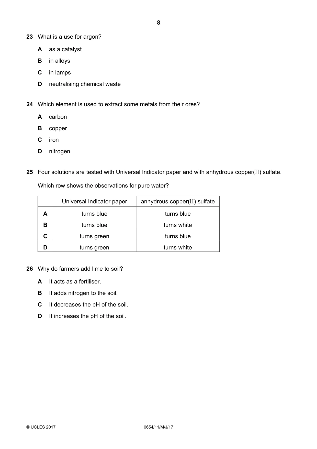 Cambridge IGCSE Sciences - Co-ordinated (Double) 0654 2017 May/June Paper 1 · Variant 1 question paper, page 8 of 16