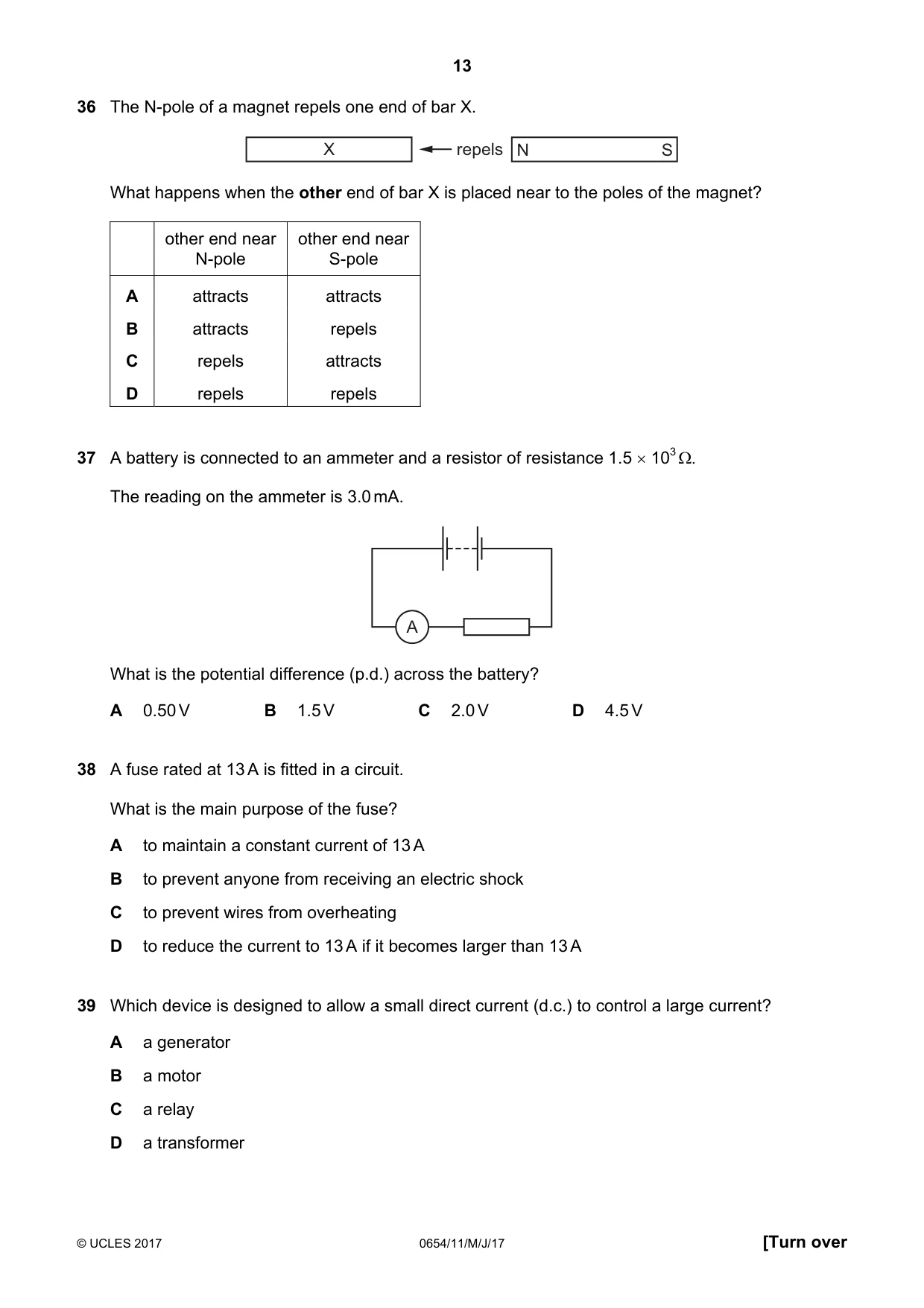 Cambridge IGCSE Sciences - Co-ordinated (Double) 0654 2017 May/June Paper 1 · Variant 1 question paper, page 13 of 16