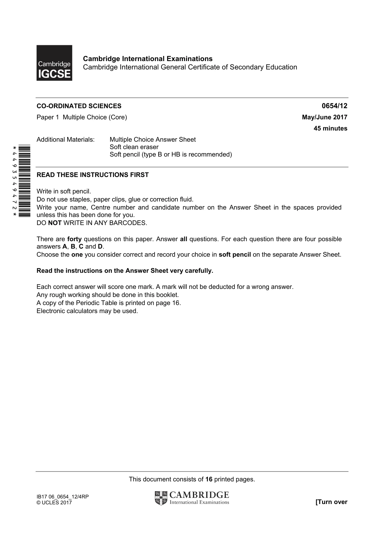 Cambridge IGCSE Sciences - Co-ordinated (Double) 0654 2017 May/June Paper 1 · Variant 2 question paper, page 1 of 16