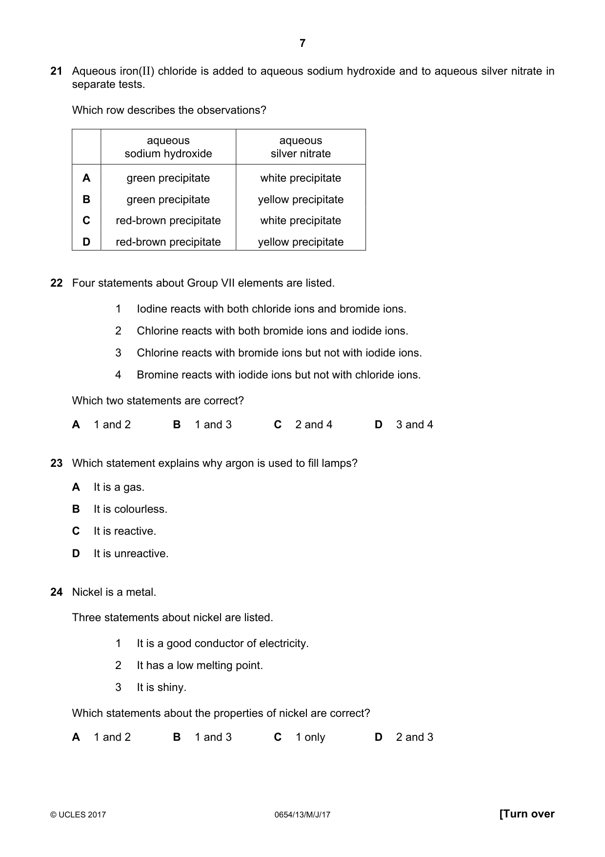 Cambridge IGCSE Sciences - Co-ordinated (Double) 0654 2017 May/June Paper 1 · Variant 3 question paper, page 7 of 16