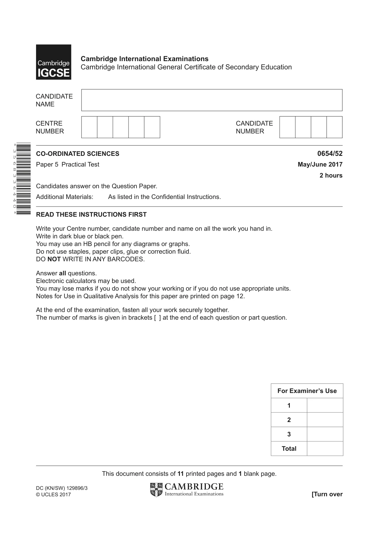 Cambridge IGCSE Sciences - Co-ordinated (Double) 0654 2017 May/June Paper 5 · Variant 2 question paper, page 1 of 12