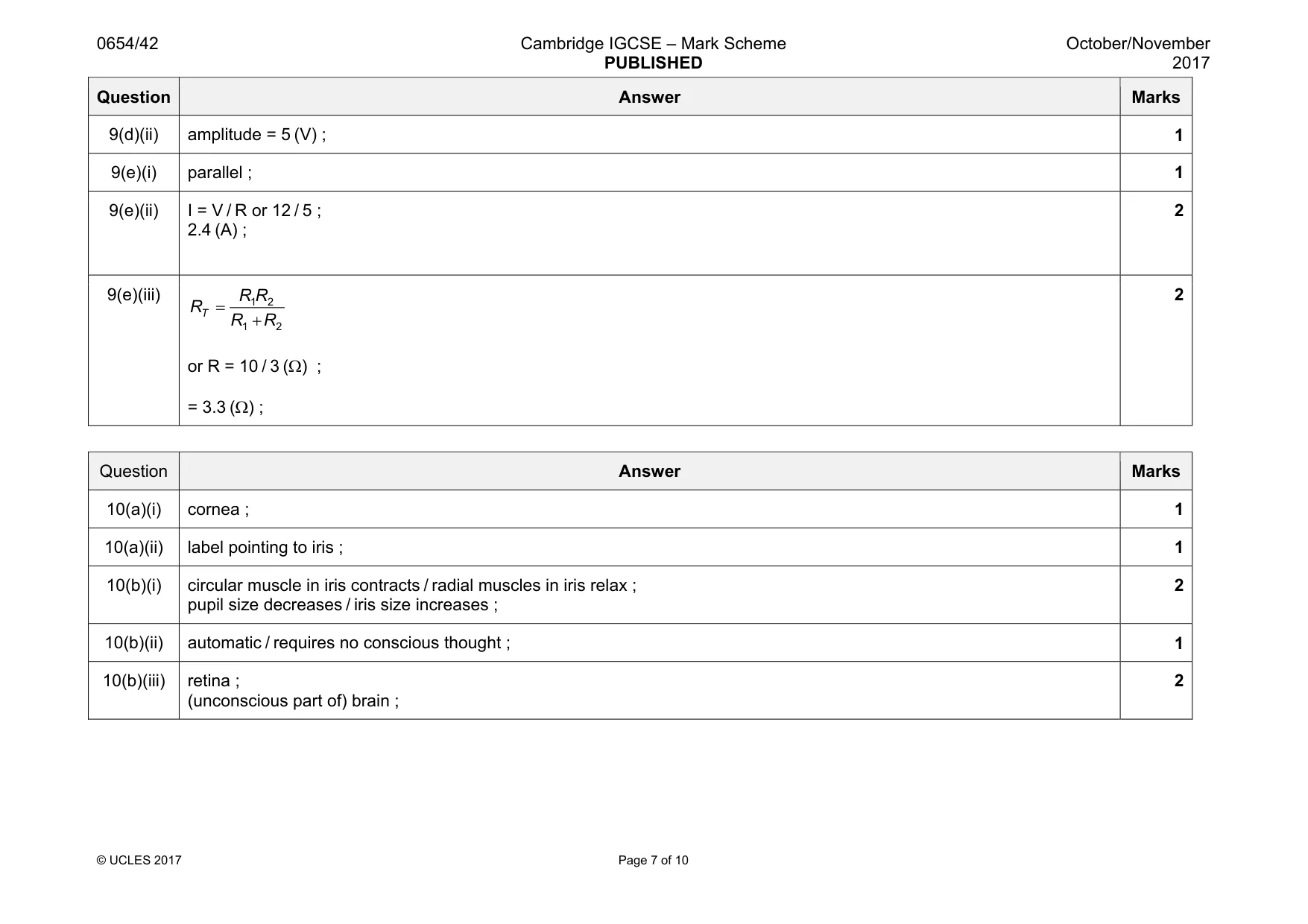 Mark scheme, page 7 of 10
