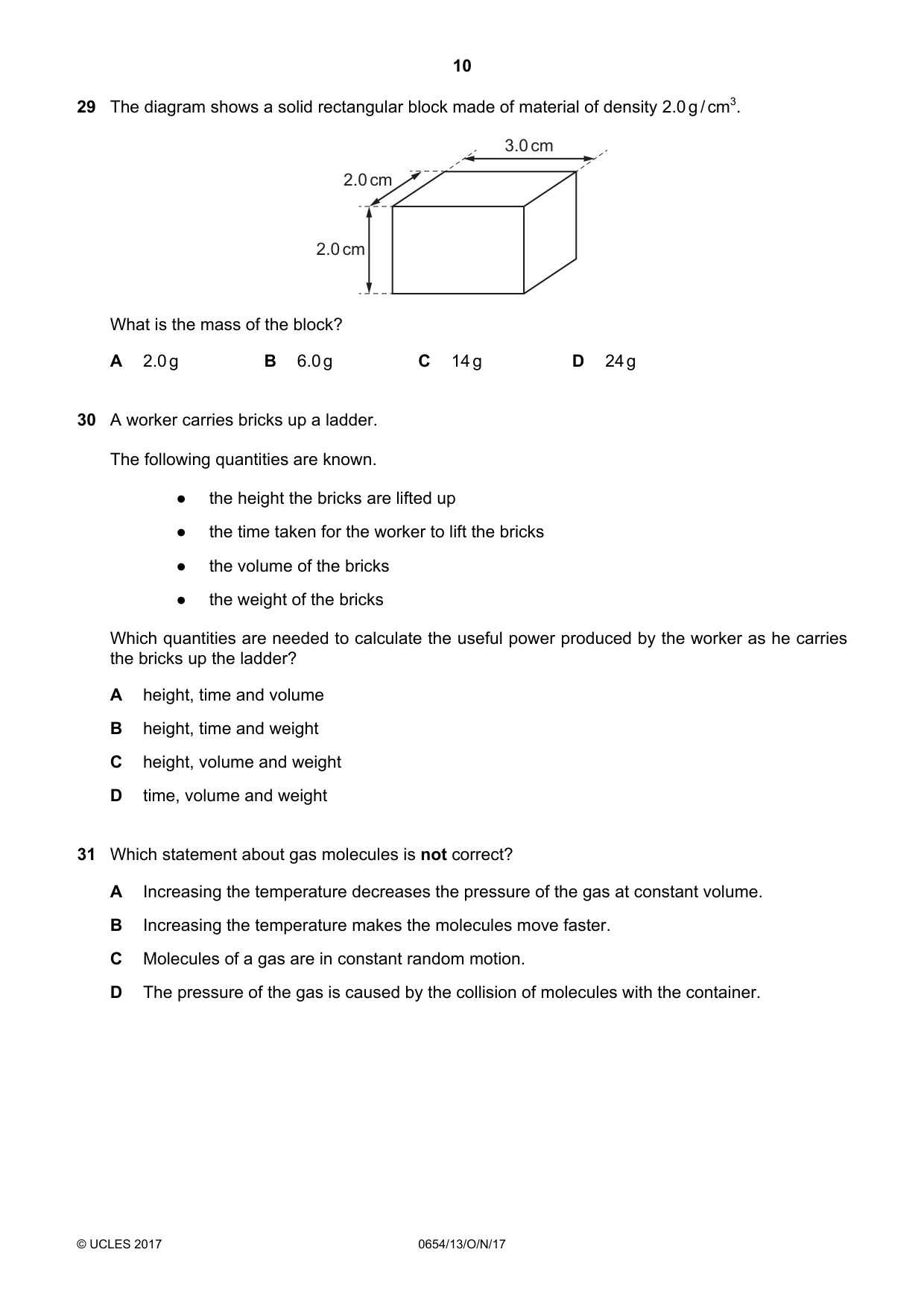 Cambridge IGCSE Sciences - Co-ordinated (Double) 0654 2017 Oct/Nov Paper 1 · Variant 3 question paper, page 10 of 16