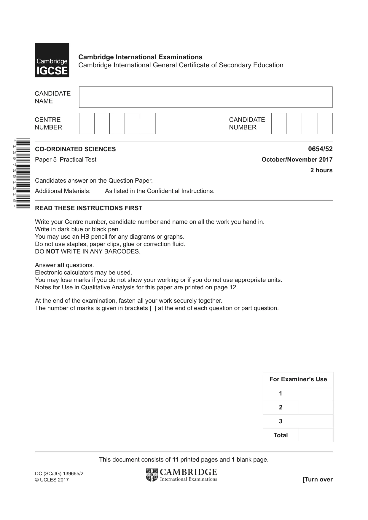 Cambridge IGCSE Sciences - Co-ordinated (Double) 0654 2017 Oct/Nov Paper 5 · Variant 2 question paper, page 1 of 12