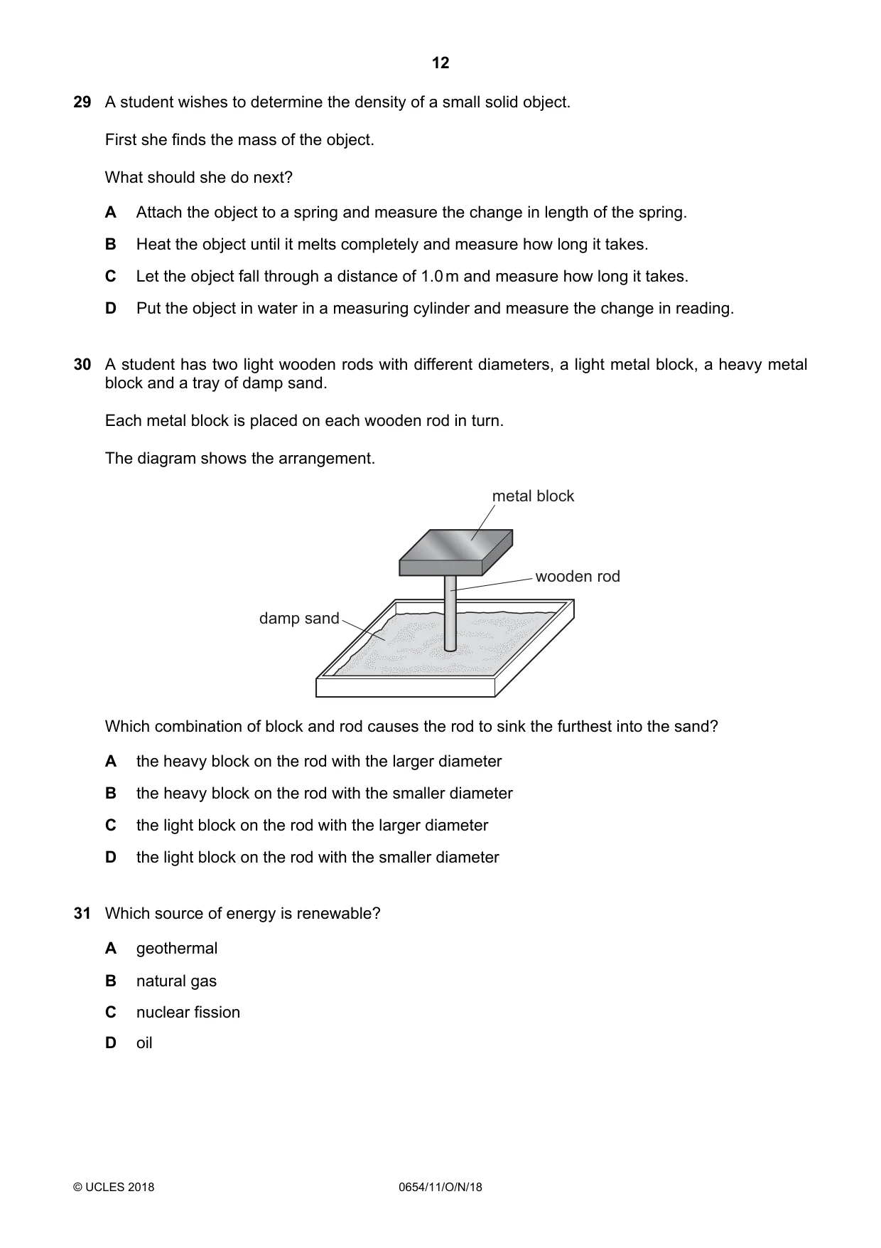 Cambridge IGCSE Sciences - Co-ordinated (Double) 0654 2018 Oct/Nov Paper 1 · Variant 1 question paper, page 12 of 16
