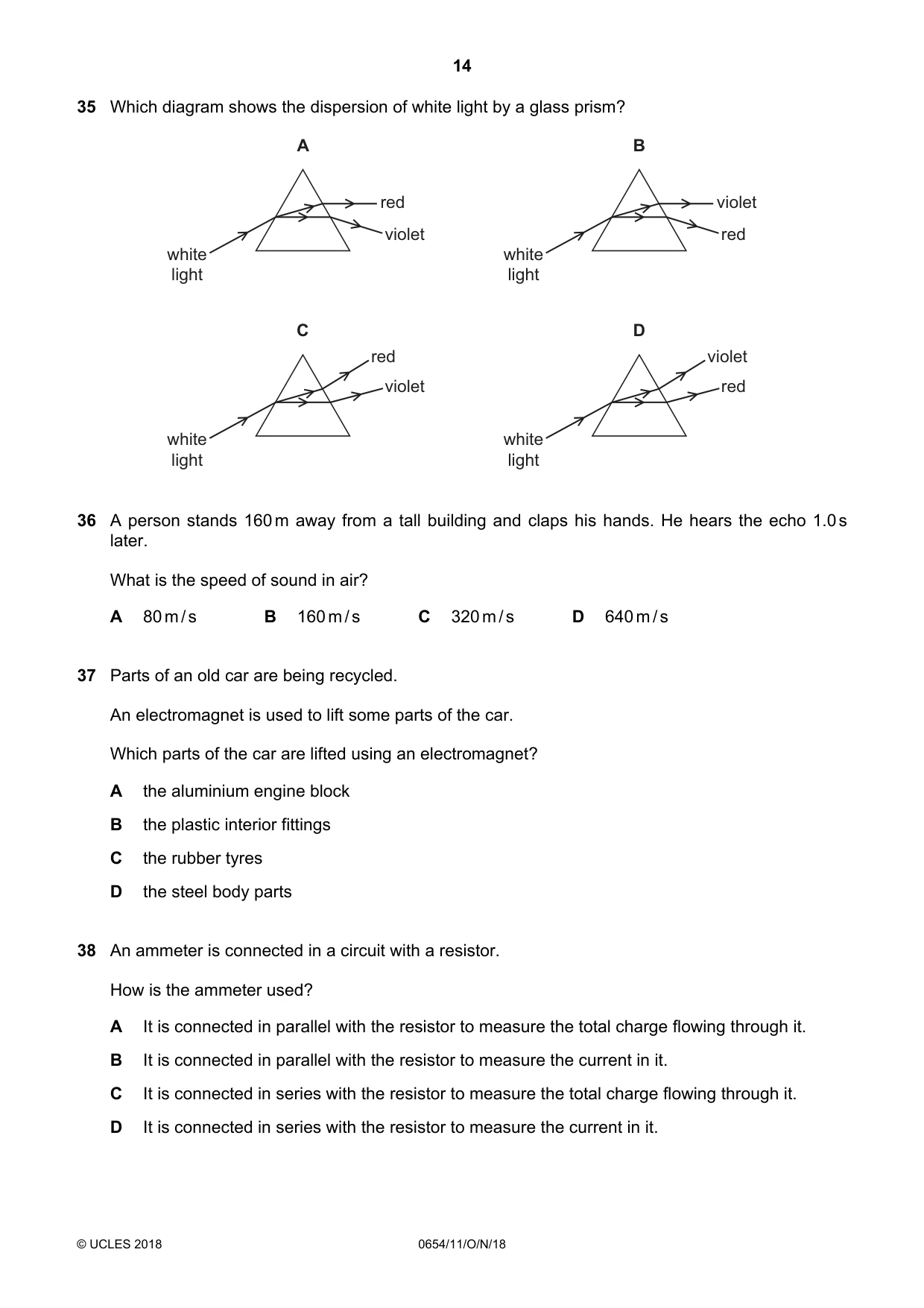 Cambridge IGCSE Sciences - Co-ordinated (Double) 0654 2018 Oct/Nov Paper 1 · Variant 1 question paper, page 14 of 16