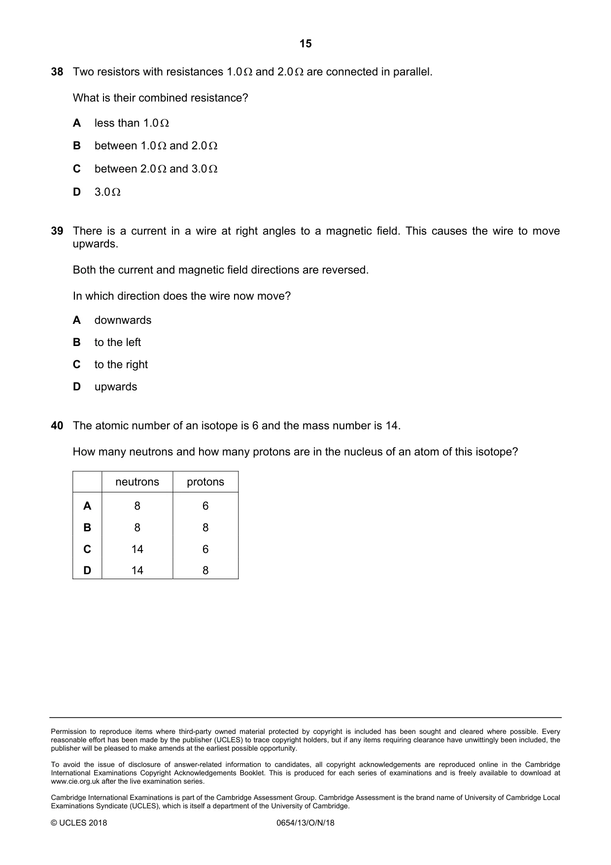 Cambridge IGCSE Sciences - Co-ordinated (Double) 0654 2018 Oct/Nov Paper 1 · Variant 3 question paper, page 15 of 16